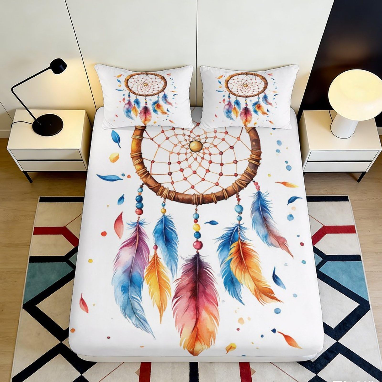 3D Printed Dreamcatcher Fitted Sheet Microfiber Colourful Feather Mattress Cover for Bedroom Guest Room Decor 90x200x25cm