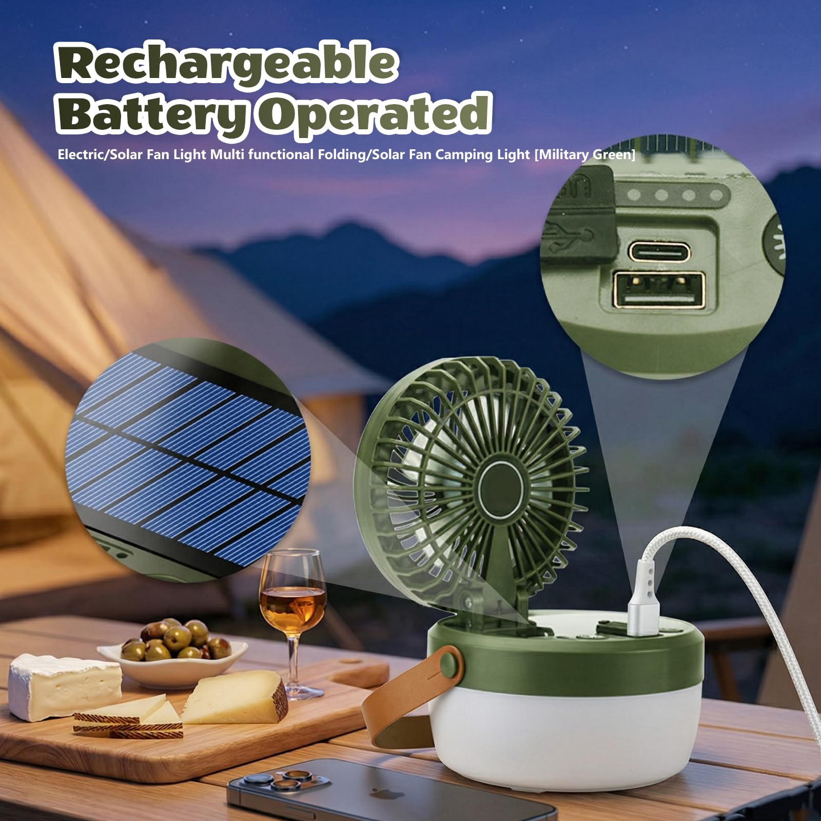 Ventilateur de Camping avec Lumière, Ventilateur Solaire et Portable, Lampe de Camping Solaire Avec ventilateur, 4 Modes d'éclairage, 3 Vitesses, Pour Camping, Aventure, Pêche, équipement d'urgence