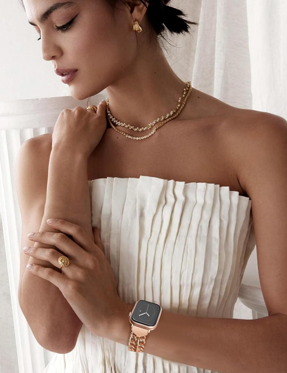 JR.DM Rose Gold Watch Bands for Women Compatible with Apple Watch 45mm 46mm 49mm 42mm(S3/2/1) Stylish Adjustable Metal Chain Bracelet for iWatch Series 11/10/9/8/7/6/5/4/3/2/1 SE 3/2/1 Ultra 3/2/1 - Image 7