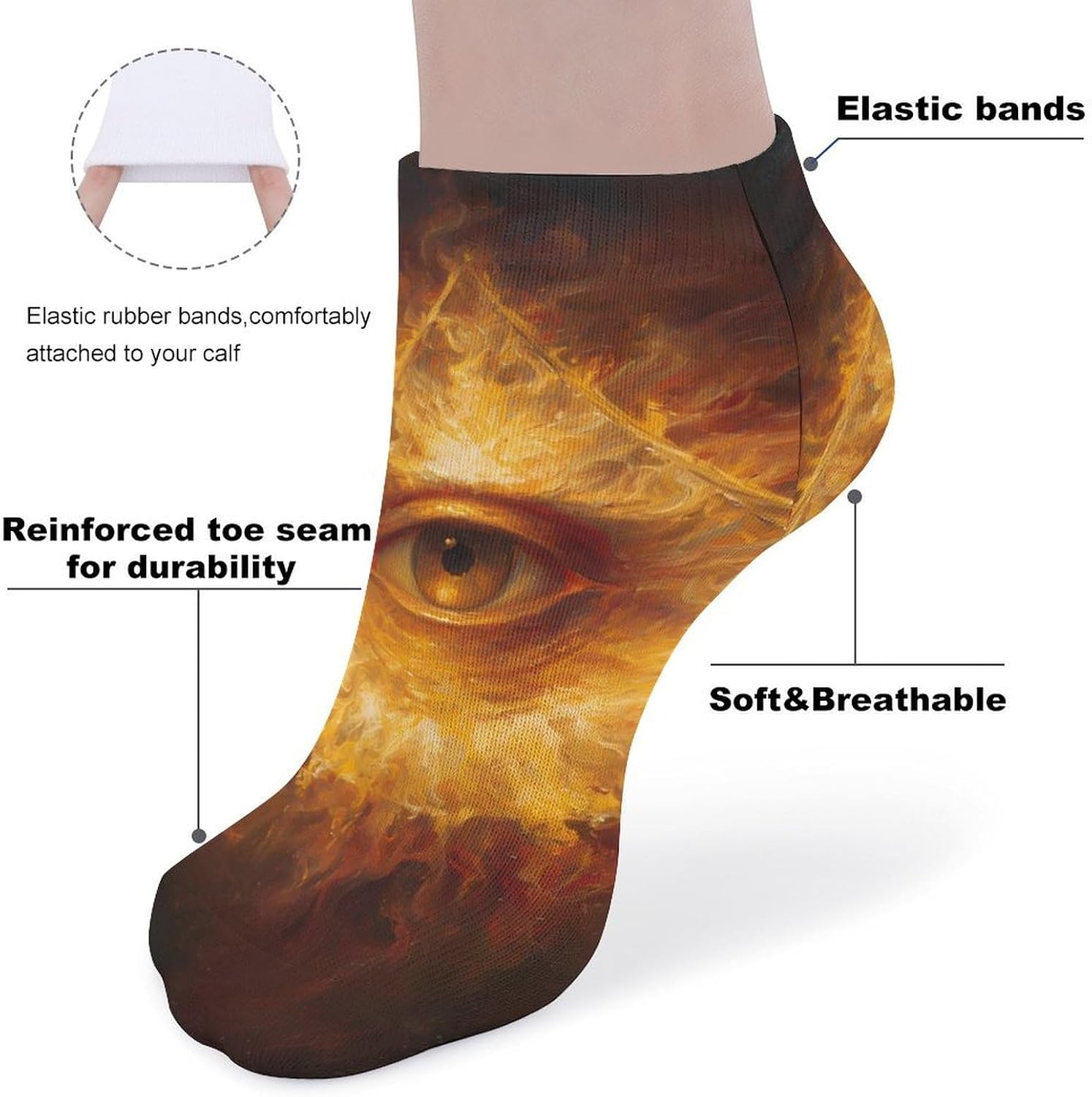 Illuminati Eye Burning Flames No Show Ankle Socks Low Cut Non Slip Flat Boat Line 5 Pairs Set