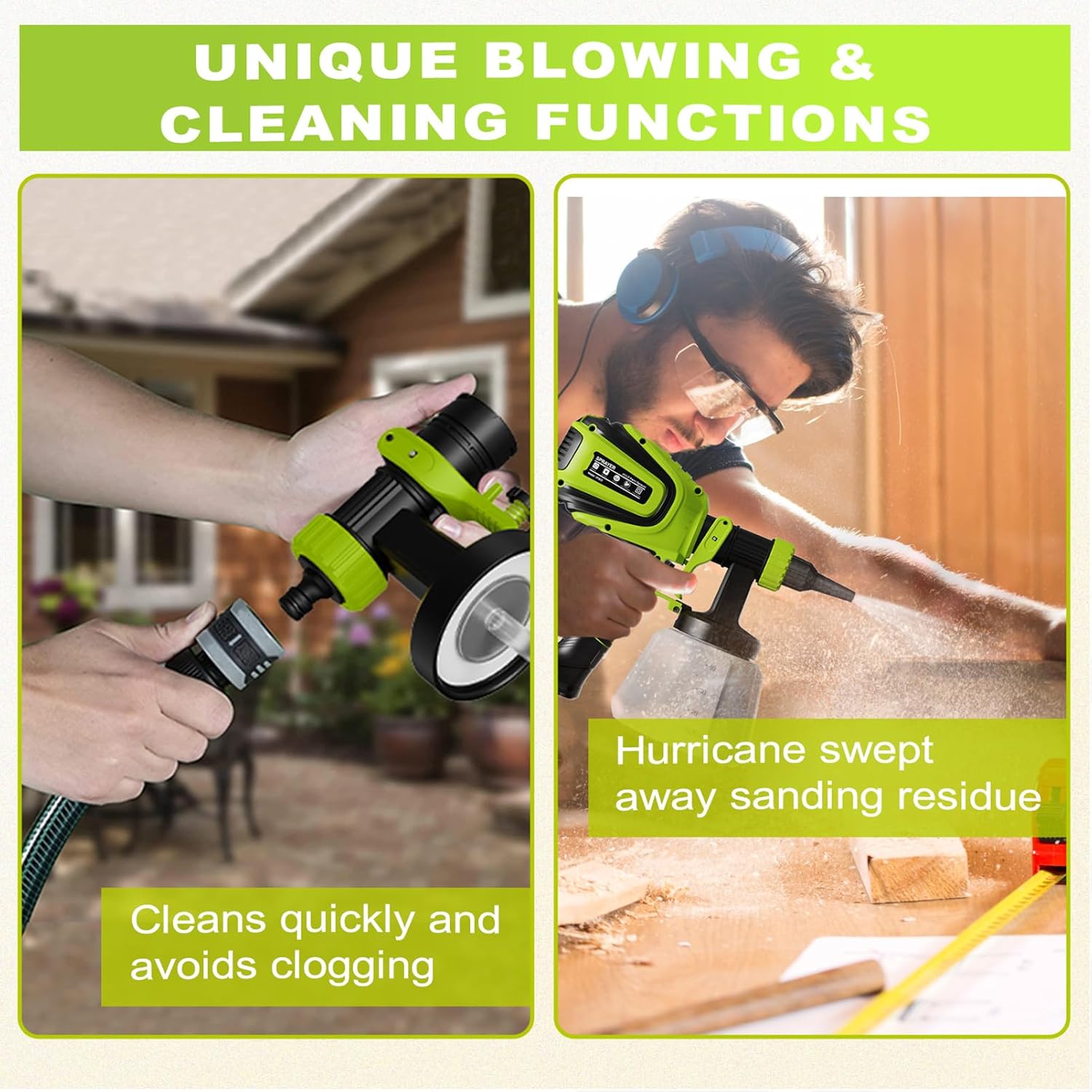 Image showing the unique blowing and cleaning functions of the paint sprayer, including connecting to a hose for quick cleaning and using it to blow away sanding residue.