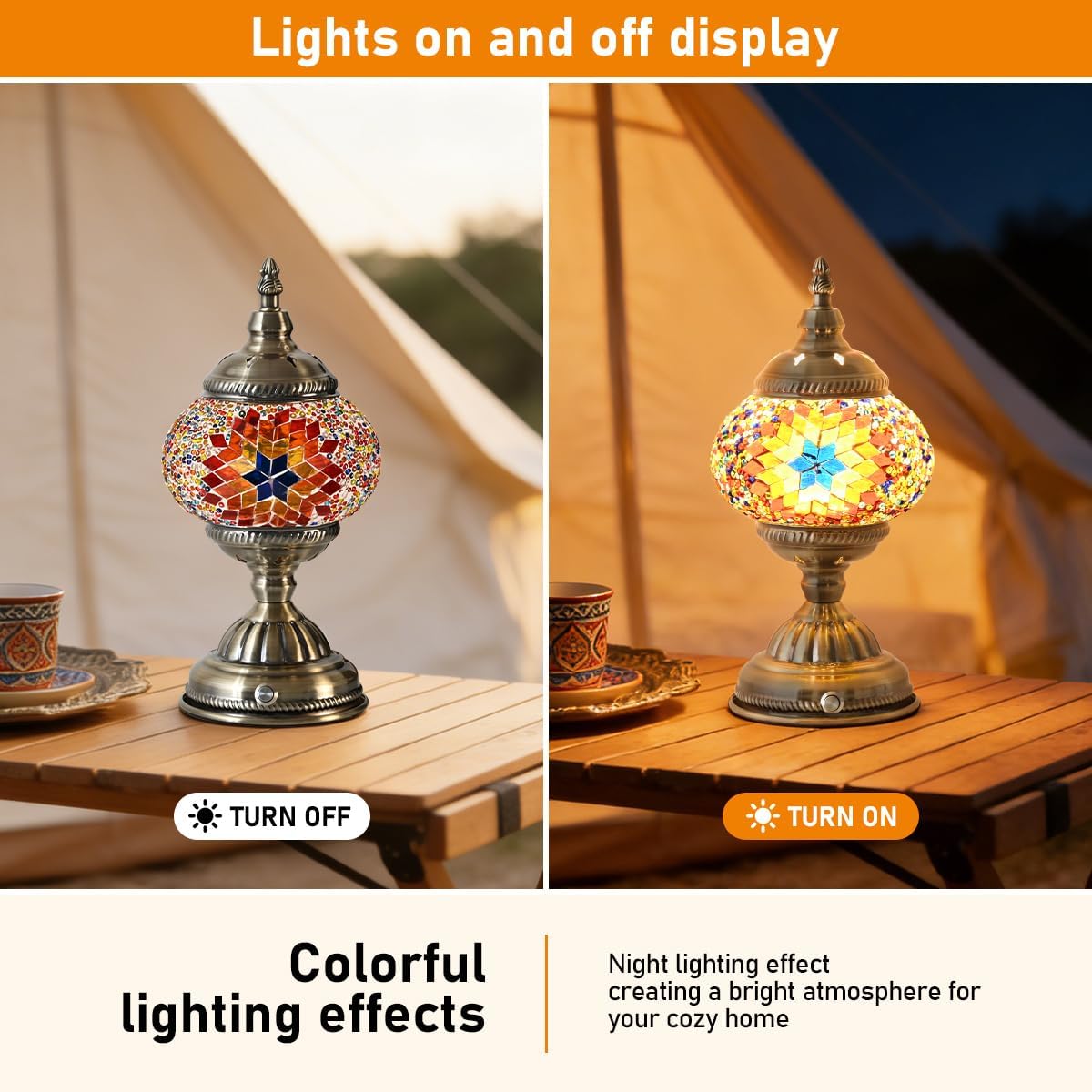 Portable Rechargeable Turkish Bronze Base Table Lamp with 6000mAh Battery, Handmade Moroccan Tiffany Style Colorful Mosaic Glass Night Stand Light Fixture for Living Room Bedroom Decor