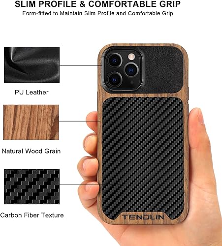 Miniatura 10 de TENDLIN Funda compatible con iPhone 12 Mini de grano de madera con textura de fibra de carbono, funda híbrida de cuero, color negro