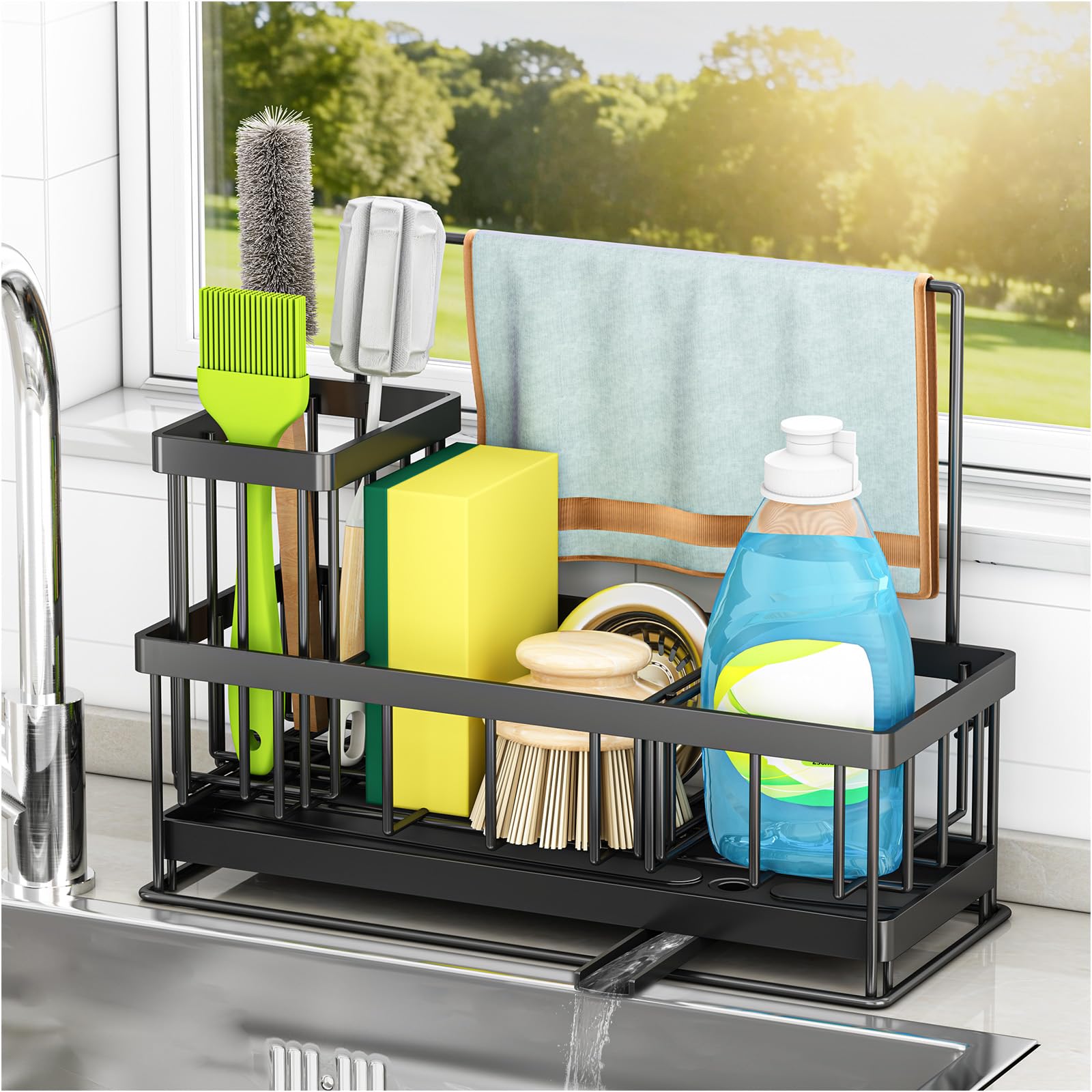TidyTrove Schwammhalter für Spülbecken mit abnehmbarem Halter und Griff | Küchenspüle Organizer für Schwämme & Bürsten, Selbstentleerende Ablage für Arbeitsplatte (23,8*10,2*15,7cm)