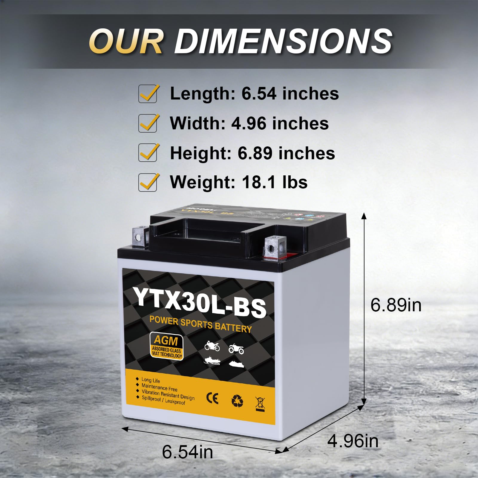 YTX30L-BS Motorcycle Battery 12V 30Ah 400CCA, Maintenance Free Sealed AGM Powersport Battery, Replacement for ATV UTV Harley, YTX30L-BS / ETX30LA / YIX30L - 2