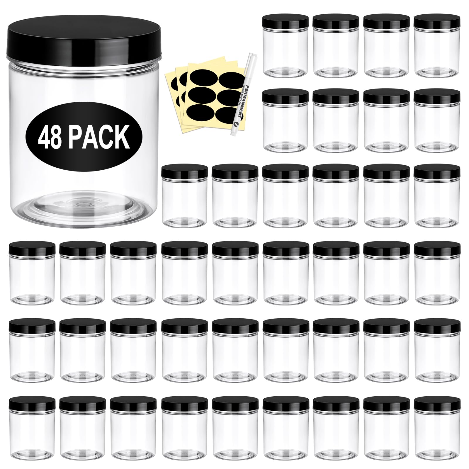 Eupako Confezione da 48 barattoli in plastica con coperchio, 170 ml, contenitori vuoti trasparenti per cosmetici, con penna ed etichette, piccoli barattoli rotondi in plastica con coperchio a vite per