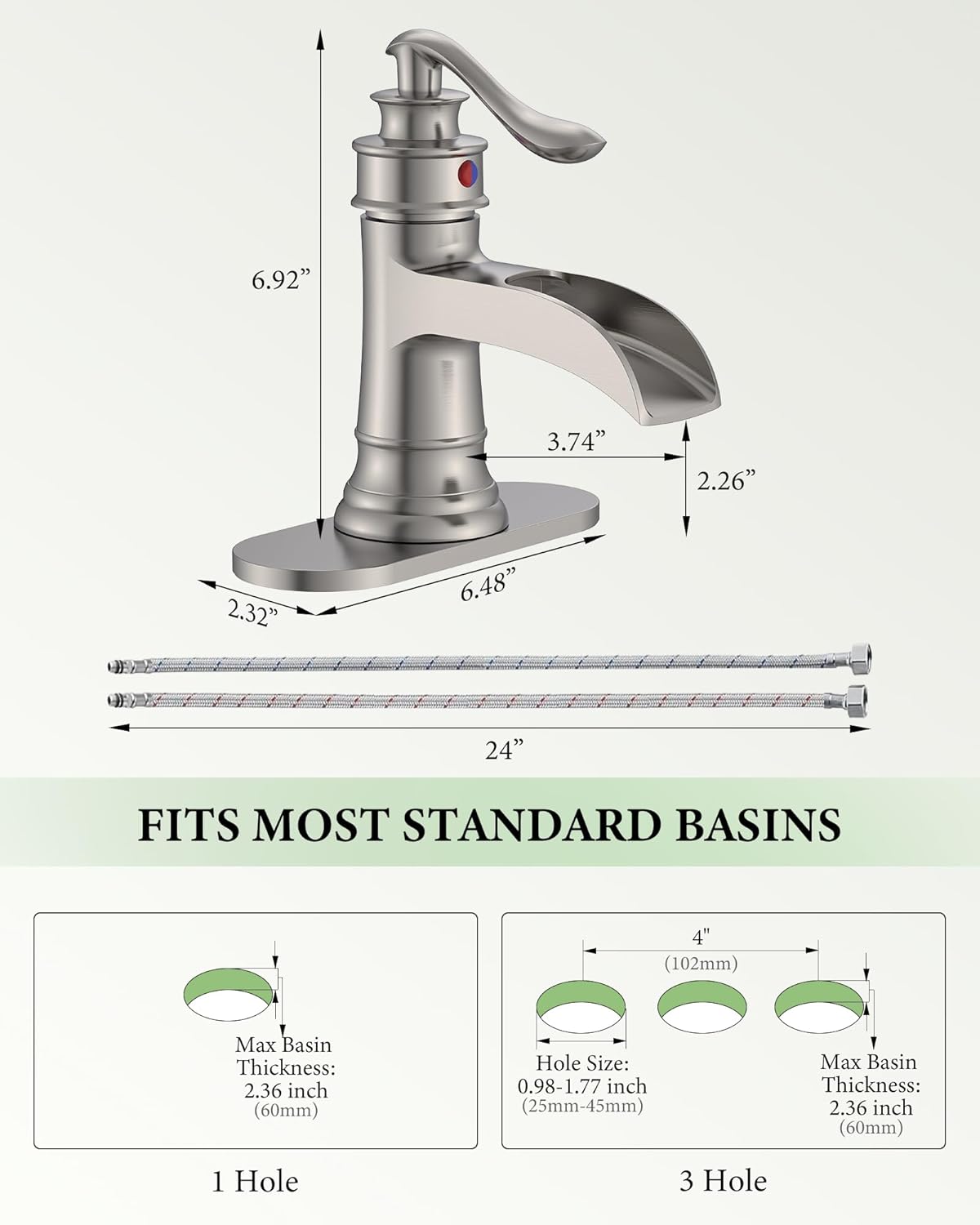 Homevacious Bathroom Faucet Waterfall Sink Faucets Bath Brushed Nickel Farmhouse Sink Vanity Single Handle 1 Hole or 3 Hole Basin Mixer Tap Lavatory Faucet with Deck Plate - Brushed Nickel
