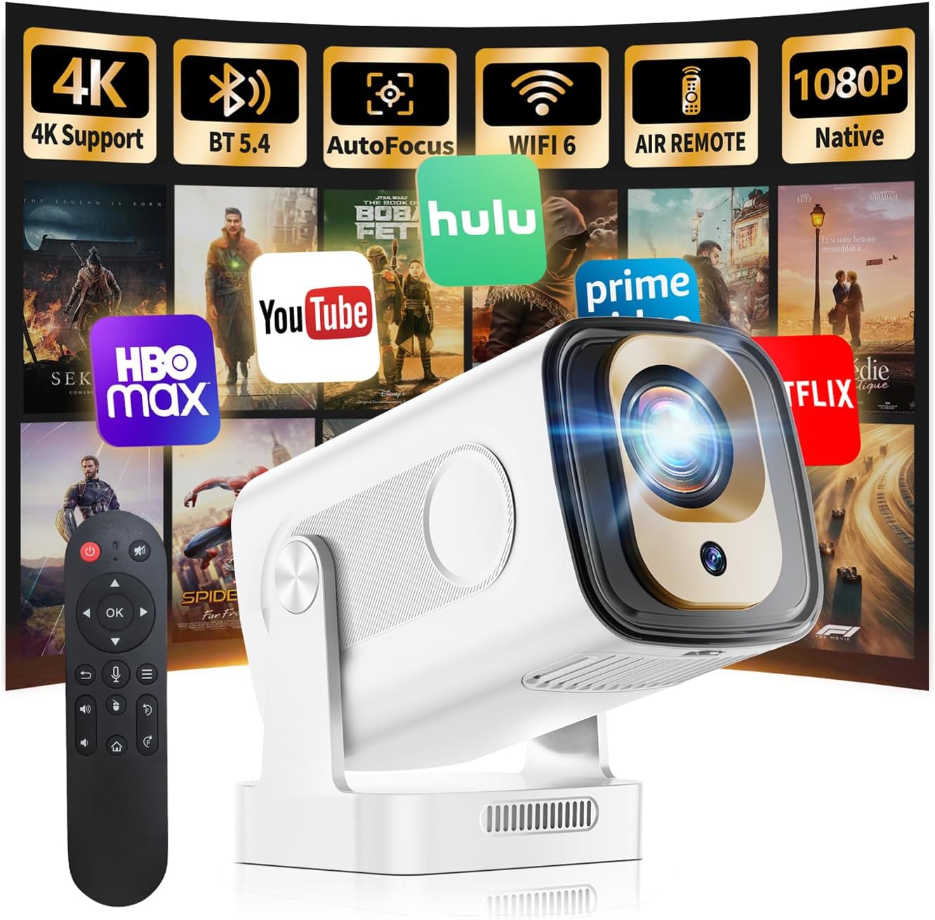 Built-in AppsMini Projector 1080P with WiFi 6 and Bluetooth 5.4, 4K Full HD Projector Features Auto Focus & Keystone, Portable Projector Support 270 Rotatable, Compatible with Phone/HDMI/USB-White