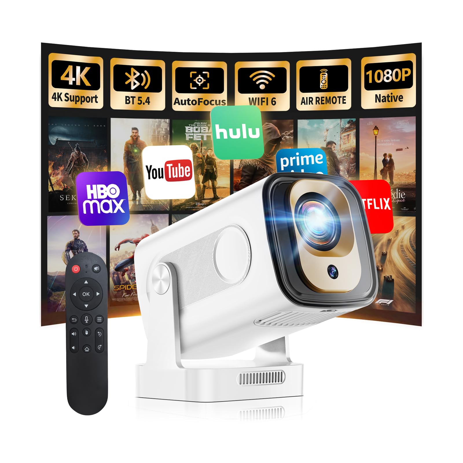 [App integrata] Mini Proiettore 1080P FHD, 2025 Proiettore 4K Supporta Proiettore Portatile WiFi 6 Bluetooth 5.4 Auto Keystone, HDMI/Phone/USB/TV Stick/Laptop, con Cavo HDMI & Mouse Bianco