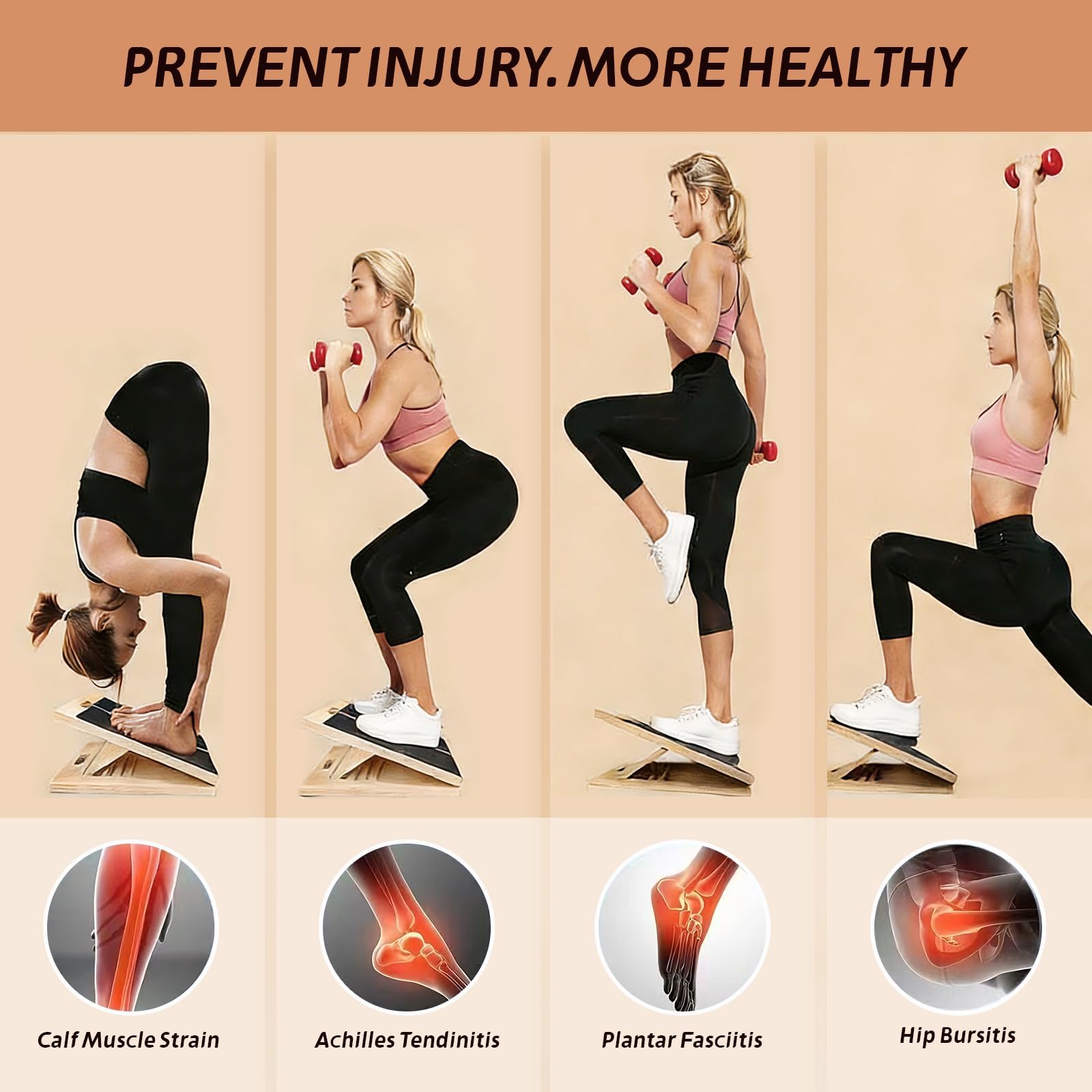Planche d'équilibre en bois - Étirement du mollet réglable - Planche d'équilibre pour la physiothérapie, les squats, l'étirement musculaire, le yoga, l'entraînement, l'entraînement à la maison