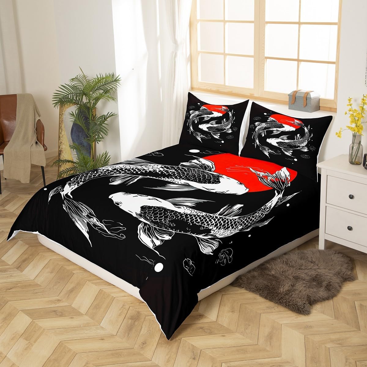 Feelyou Japanese Ukiyoe Comforter Cover Fish Bedding Set Japanese-Style Duvet Cover for Boys Girls Kids Exotic Koi Animal Room Decor Sunset Bedspread Cover Full Size with 2 Pillow Case (No Comforter)