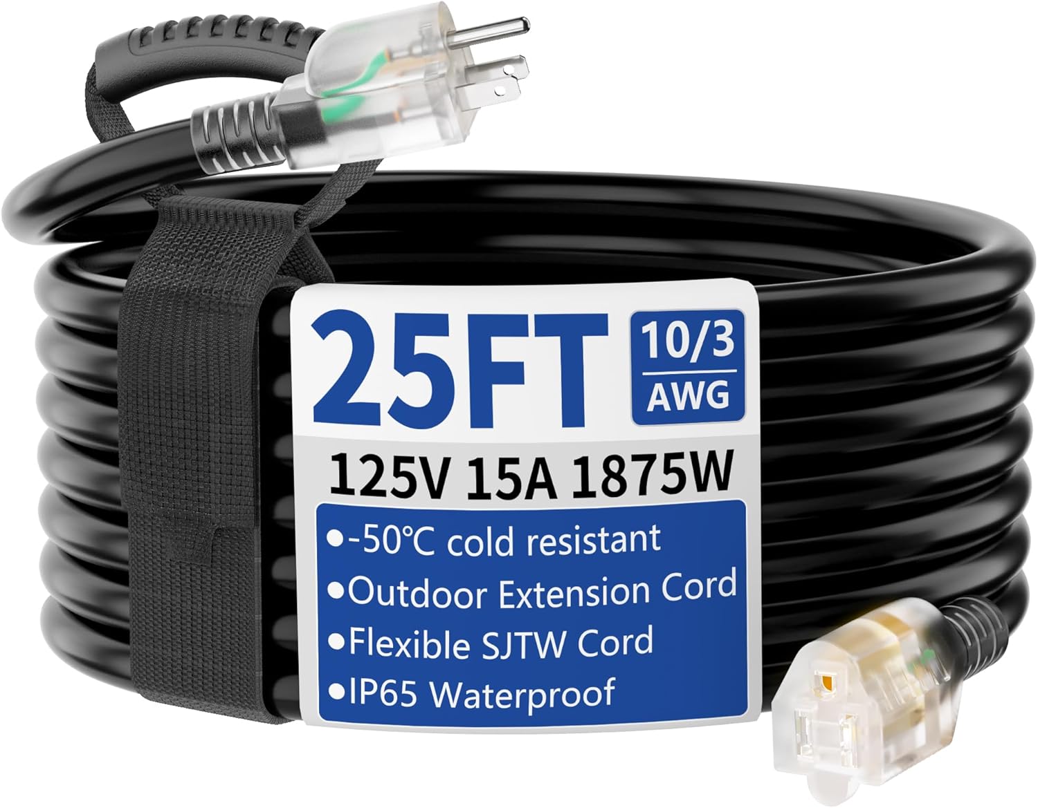 25ft Outdoor/Indoor Extension Cord with Lighted 10/3 Gauge Ultra 3 Prong Heavy Duty SJTW, Waterproof, Flexible Cold-Resistant,15A 125V 1875W, Black