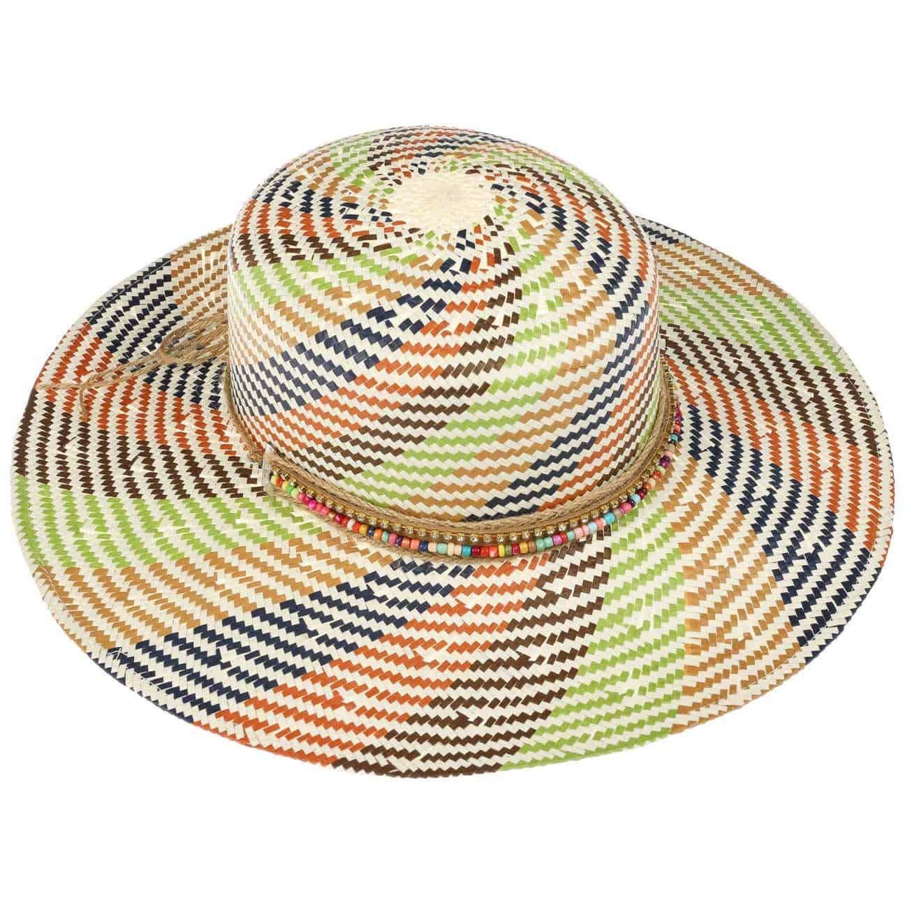 LIPODO Jalaja Colour Cappello di Paglia a Tesa Larga Rigato Multicolore con Pietre Prodotto in Italia Donna Primavera Estate