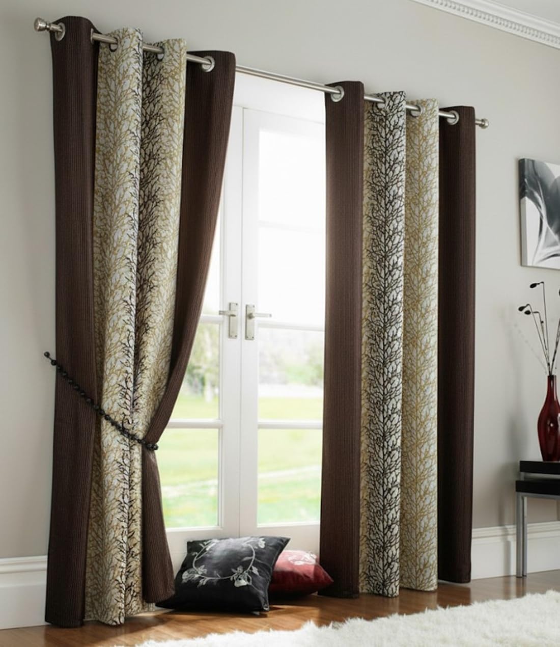 Home Sizzler Abstract 2 Piece Eyelet Polyester Window Curtain Set - 5ft, Brown