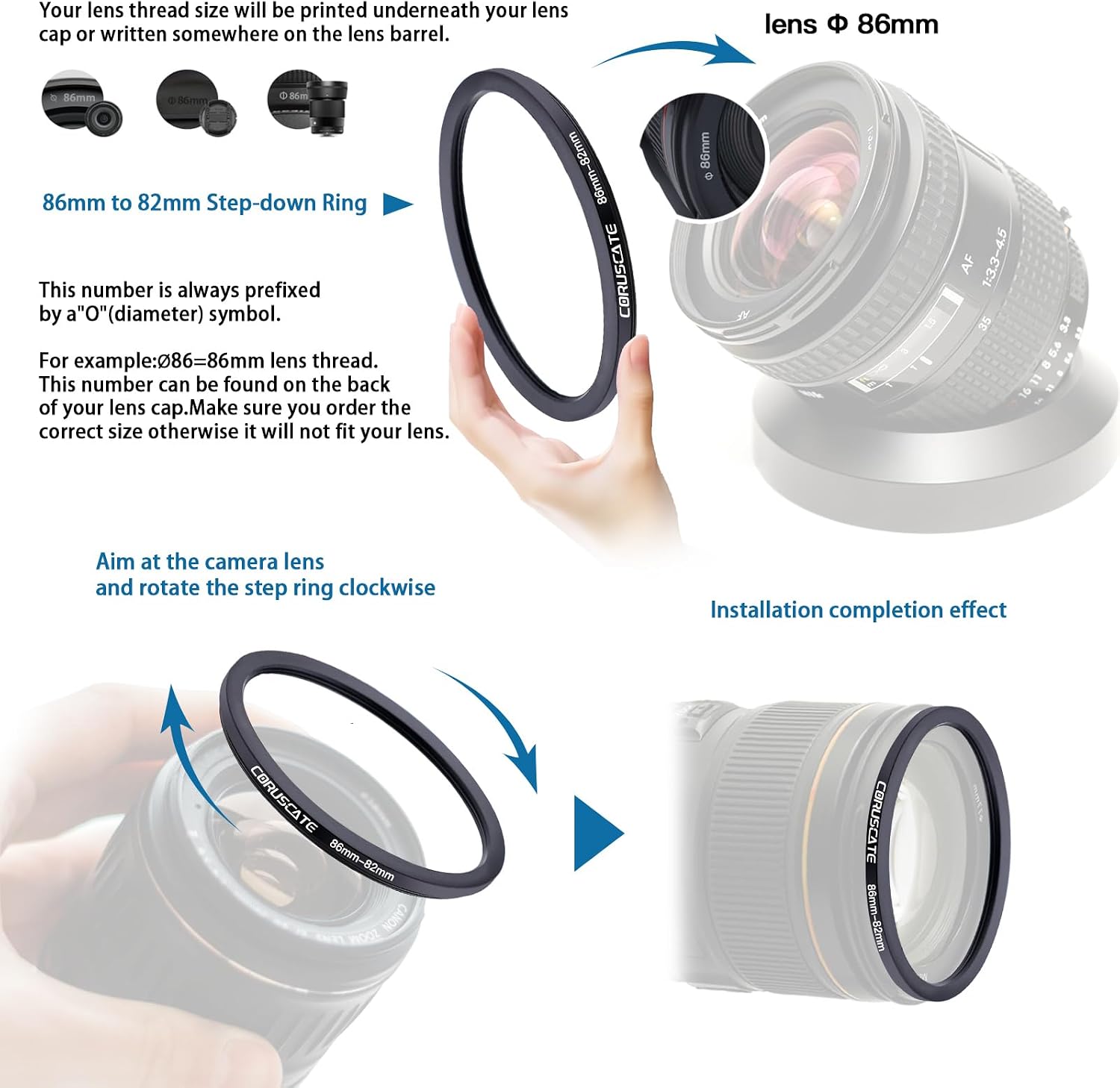 3Pcs 86-82mm/86-77mm/86-95mm Filter Ring Adapter,Metal Step Down Ring for All Brands Camera Accessory(for UV,CPL,ND,Threaded Lens Hood)