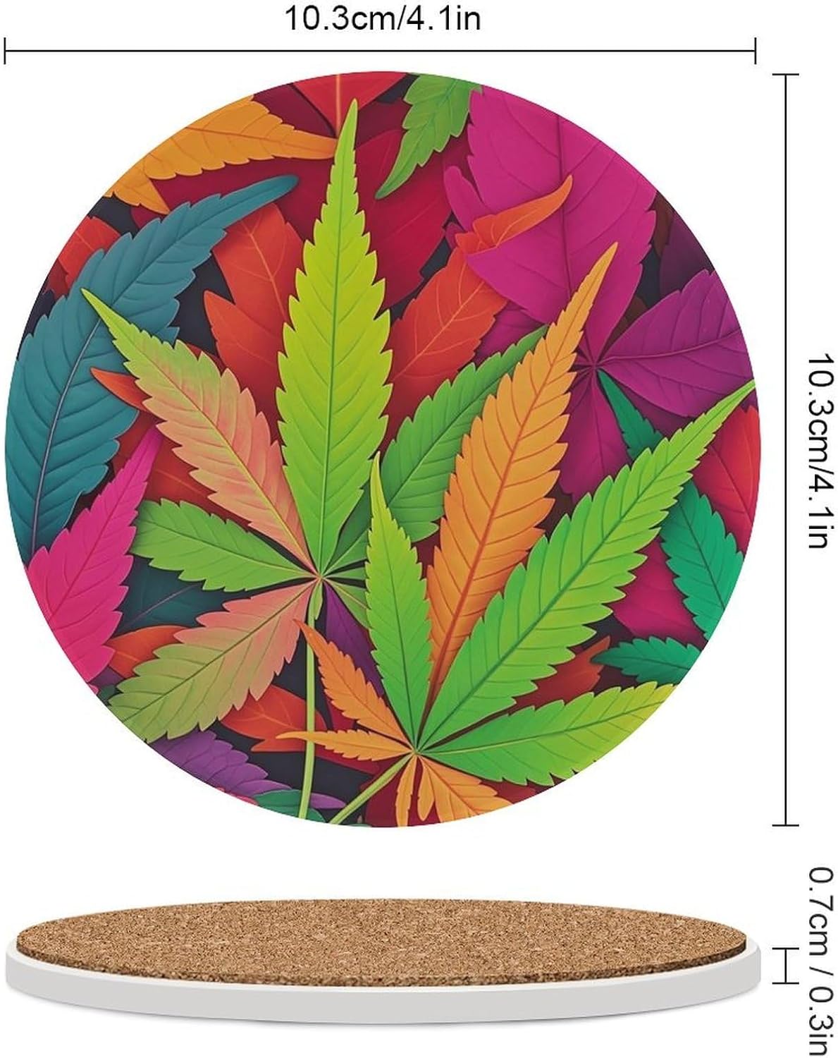 6PCS Multicolor Leaf Weed Art Coasters Non-Slip Round Drink Coasters with Ceramic Stone and Cork Base, Heat Resistant Absorbent 33.00Stone Coaster Set for Kinds of Mugs and Cups, 4 Inch