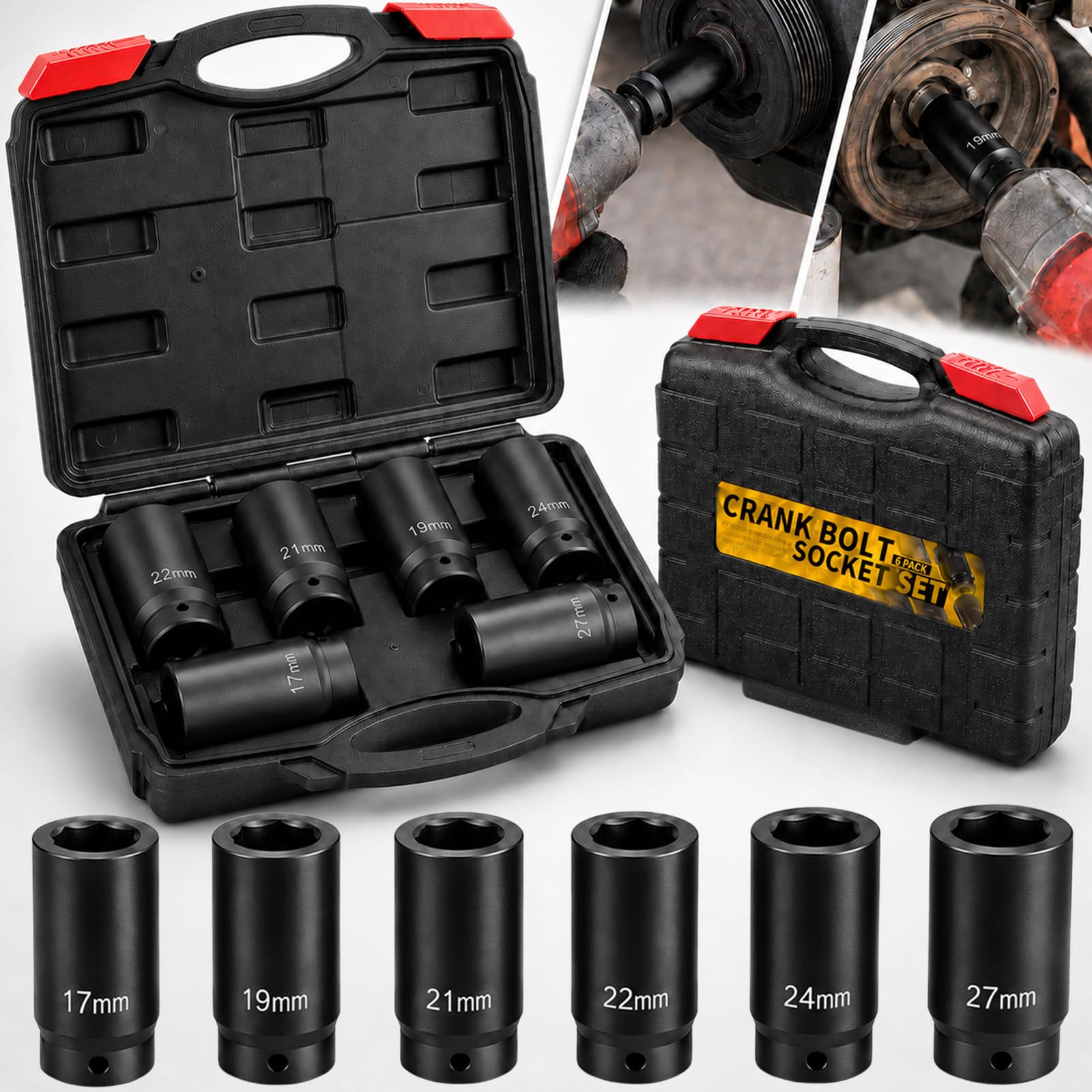 Photo 1 of 1/2" Drive Weighted Crank Bolt Socket Set, 17MM, 19MM, 21MM, 22MM, 24MM 27MM, Harmonic Balancer Socket Set, Weighted Deep Impact Socket Set, 3 Times Momentum Power of Standard Impact Socket