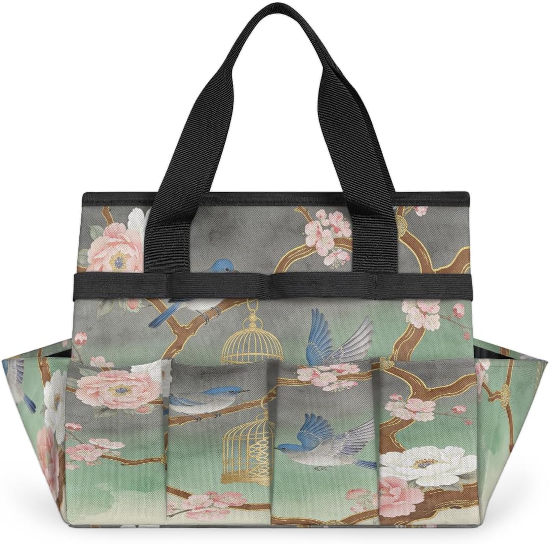 Watercolor style flowers and birds Garden Tool Bag, Heavy Duty Gardening Tote Bag with 10 Pockets,Standable Garden Home Tool Kits Organizer,Gardening bag for women Men Indoor and Outdoor Gardening.
