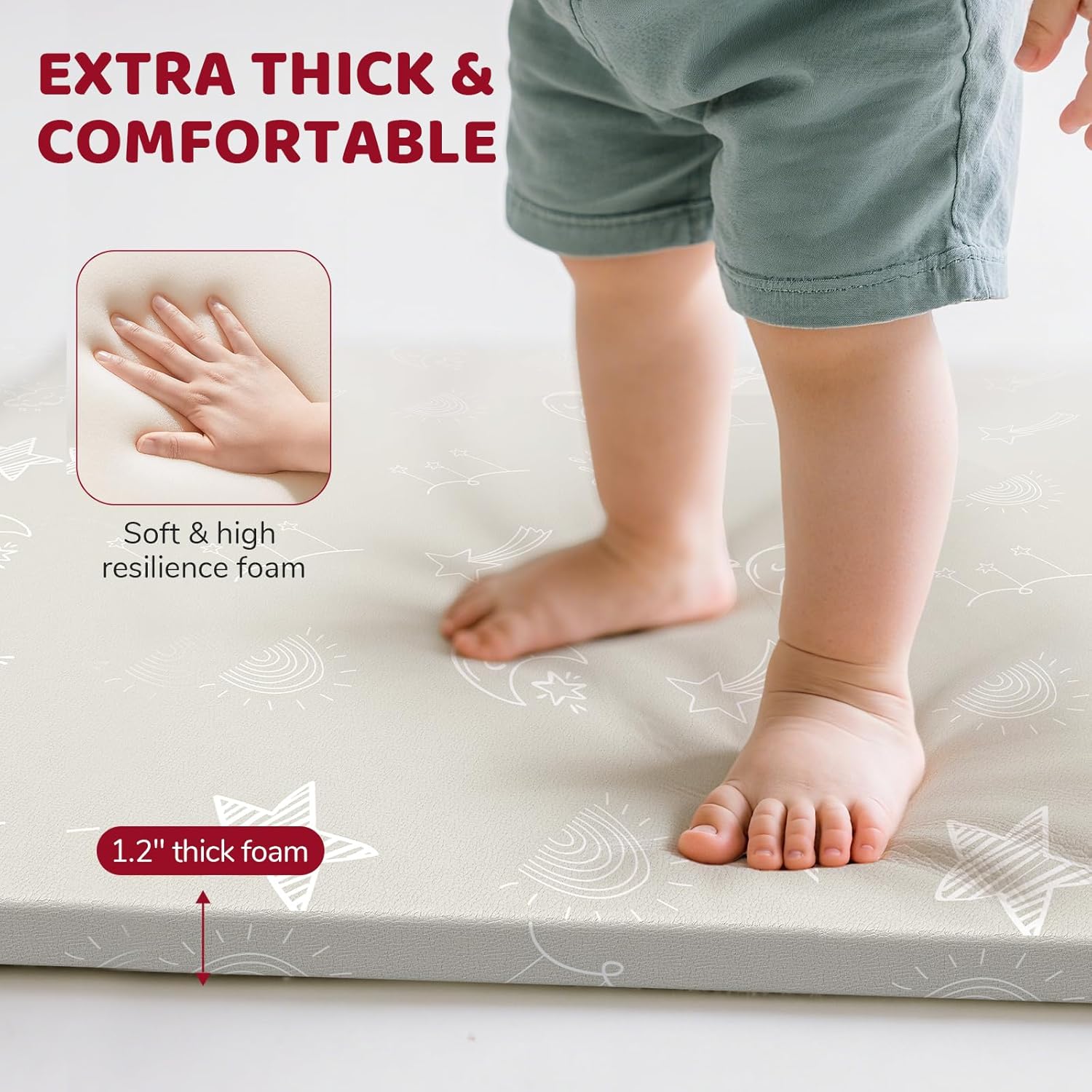 47x47 Baby Play Mat - Leather Waterproof Tummy Time mats for floor - 1.2" Extra Thick Foam Cushioned & Super Soft Babycare Playmat for Playpen Crawling- Padded Activity Gym for Kids Babies Toddlers