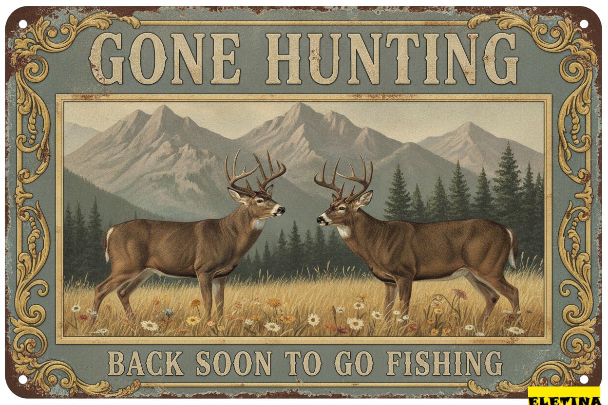Gone Hunting Back Soon To Fish Tin Sign, 8x12 Inch