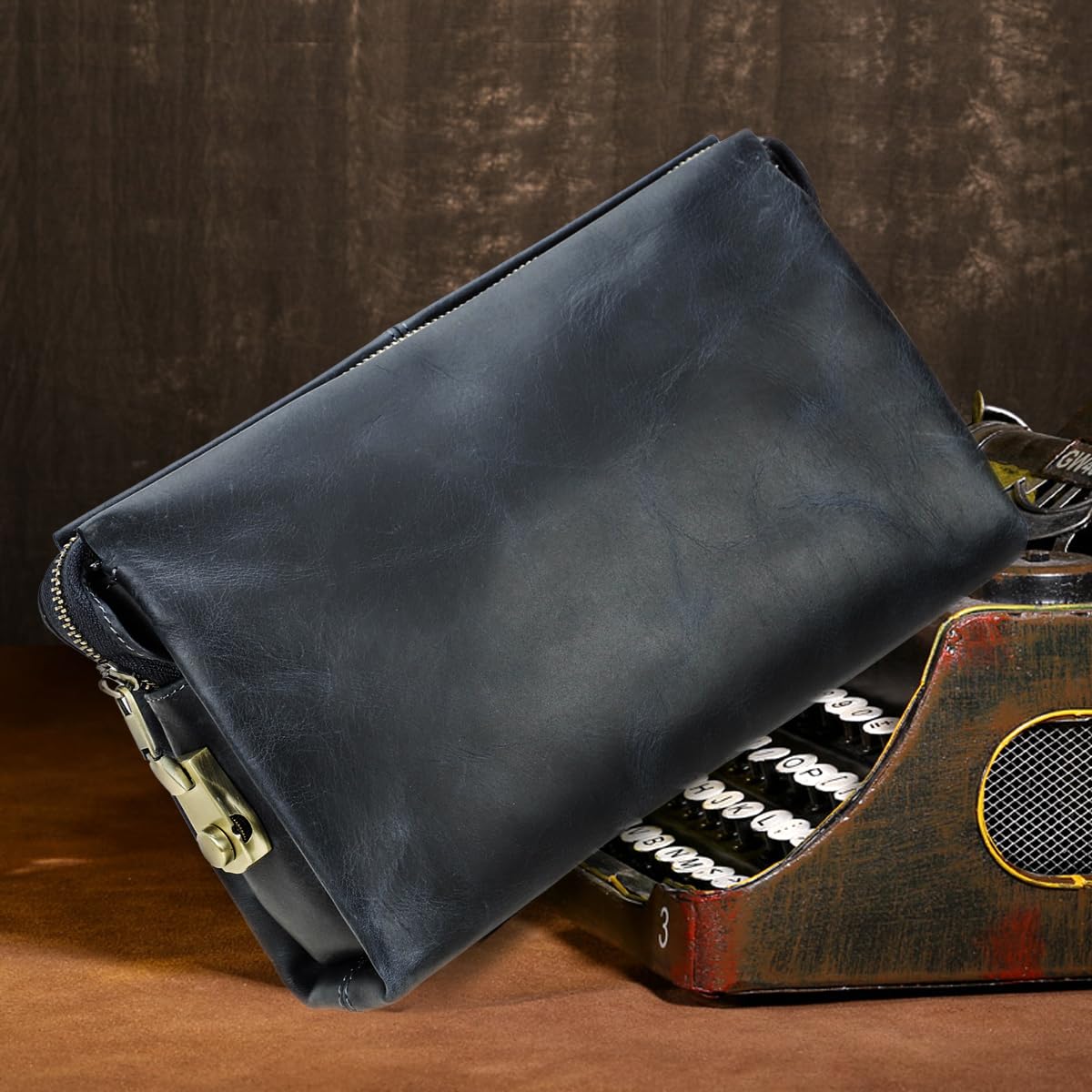 Contacts Organiseur de carte d'identité en cuir véritable pour homme, grande capacité avec verrou antivol pour passeport, téléphone portable, sac à main avec dragonne, bleu 1