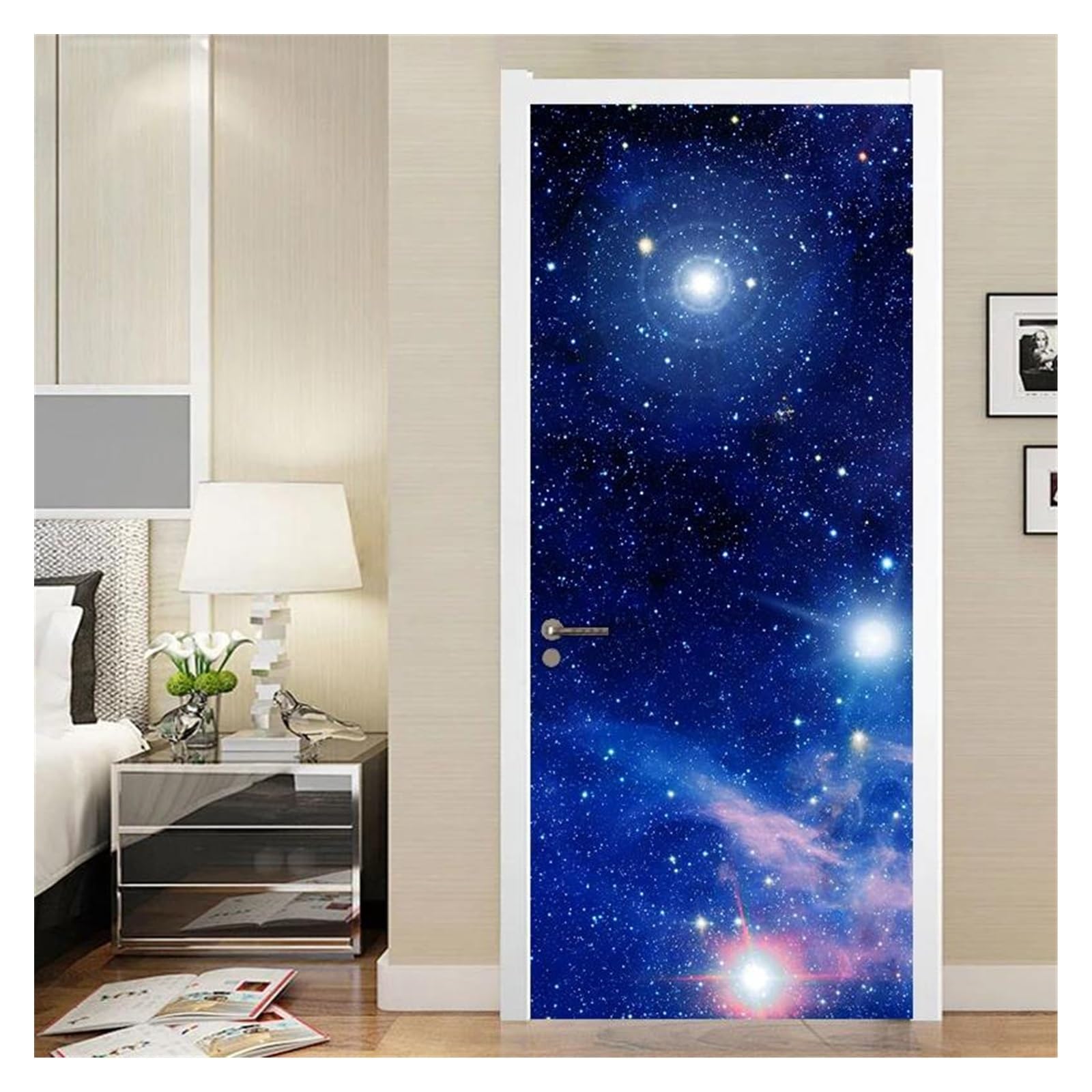 Sticker mural étanche pour rénover une porte abîmée motif galaxie