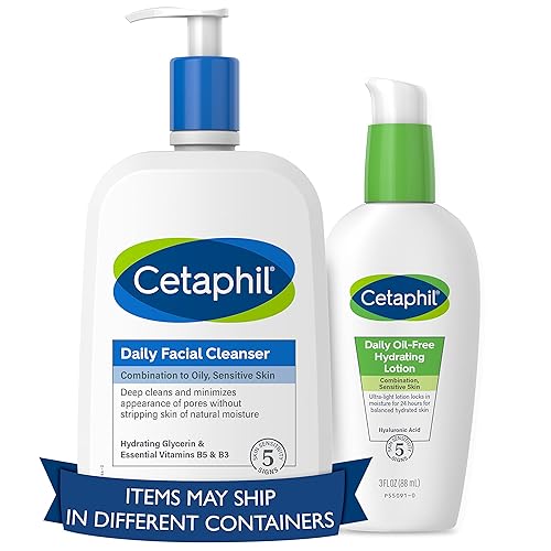 Cetaphil Bundle - Limpiador facial diario para pieles sensibles, combinación con grasa NUEVO 20 oz y loción hidratante diaria para cara, con ácido