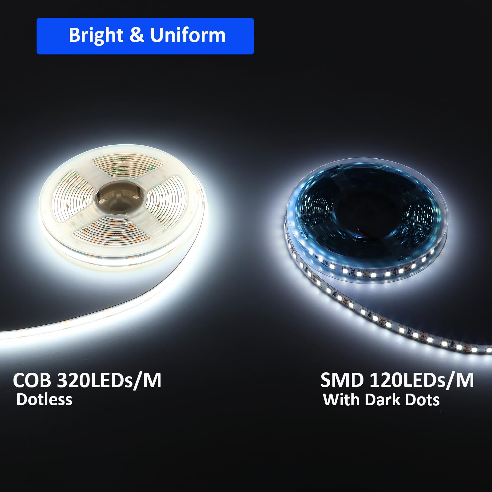 JOYLIT Motion Sensor COB LED Light Strip 16.4FT Cool White 6000K, Movement Activated Auto ON/Off 12V LED Tape 320LEDs/M Bright Uniform, PIR Sensing LED Strip for Stairs, Under Bed, Closet, Cabinet
