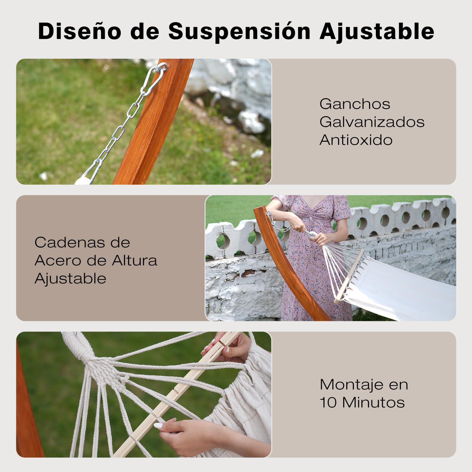 Hamaca con Soporte de Madera, Incluye 2 Hamacas, Carga 200 kg, 320x120x120 cm, Estructura Arqueada Estable de Madera, Altura Ajustable, para Jardín, Terraza y Balcón