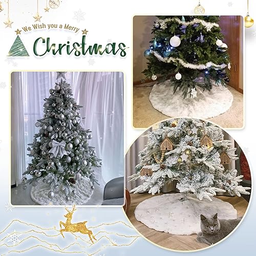 Miniatura 95 de Falda de árbol de Navidad de 48 pulgadas, falda de árbol de piel sintética de lujo con copos de nieve dorados y lentejuelas, alfombrillas grandes