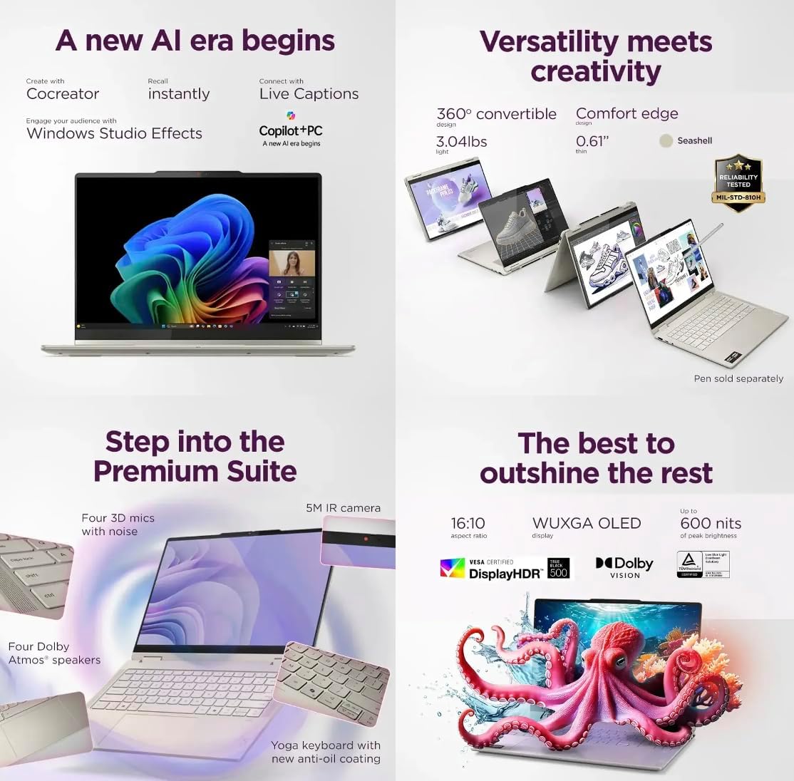 Lenovo Yoga 7 2-in-1 Copilot+ Laptop 14.0" OLED Touch, 100% DCI-P3, 600nits HDR (AMD Ryzen AI 5 340 (up to 50 Tops), 16GB DDR5, 512GB SSD, Backlit KB, FP, 5.0MP Webcam, Win11Home) w/DKZ Port Expander