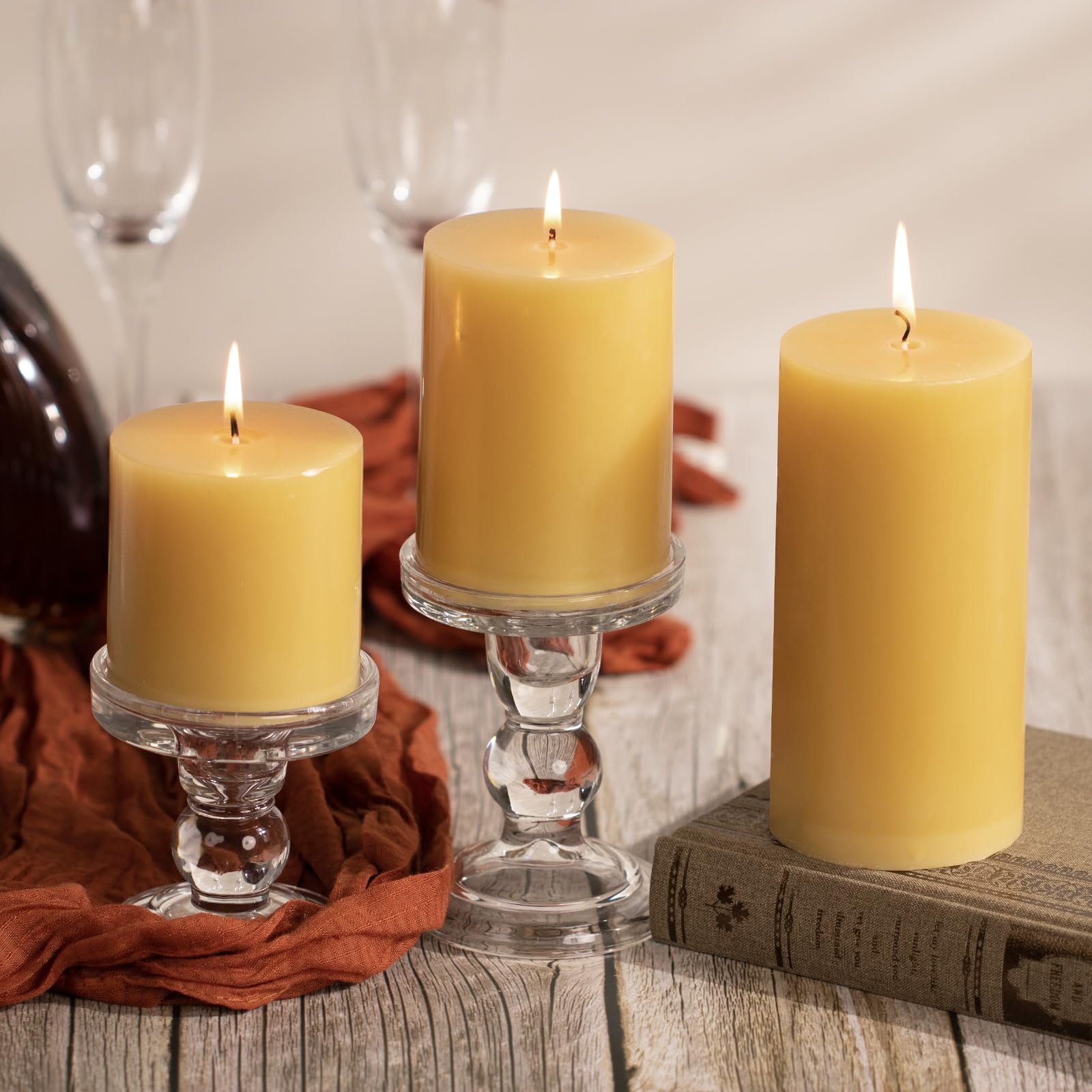 KONNI Juego de 3 velas de pilar amarillo mostaza, velas de pilar sin perfume de 3 x 6 pulgadas, velas de combustión de 56 horas de duración, sin humo y sin goteo para bodas, decoración del hogar,