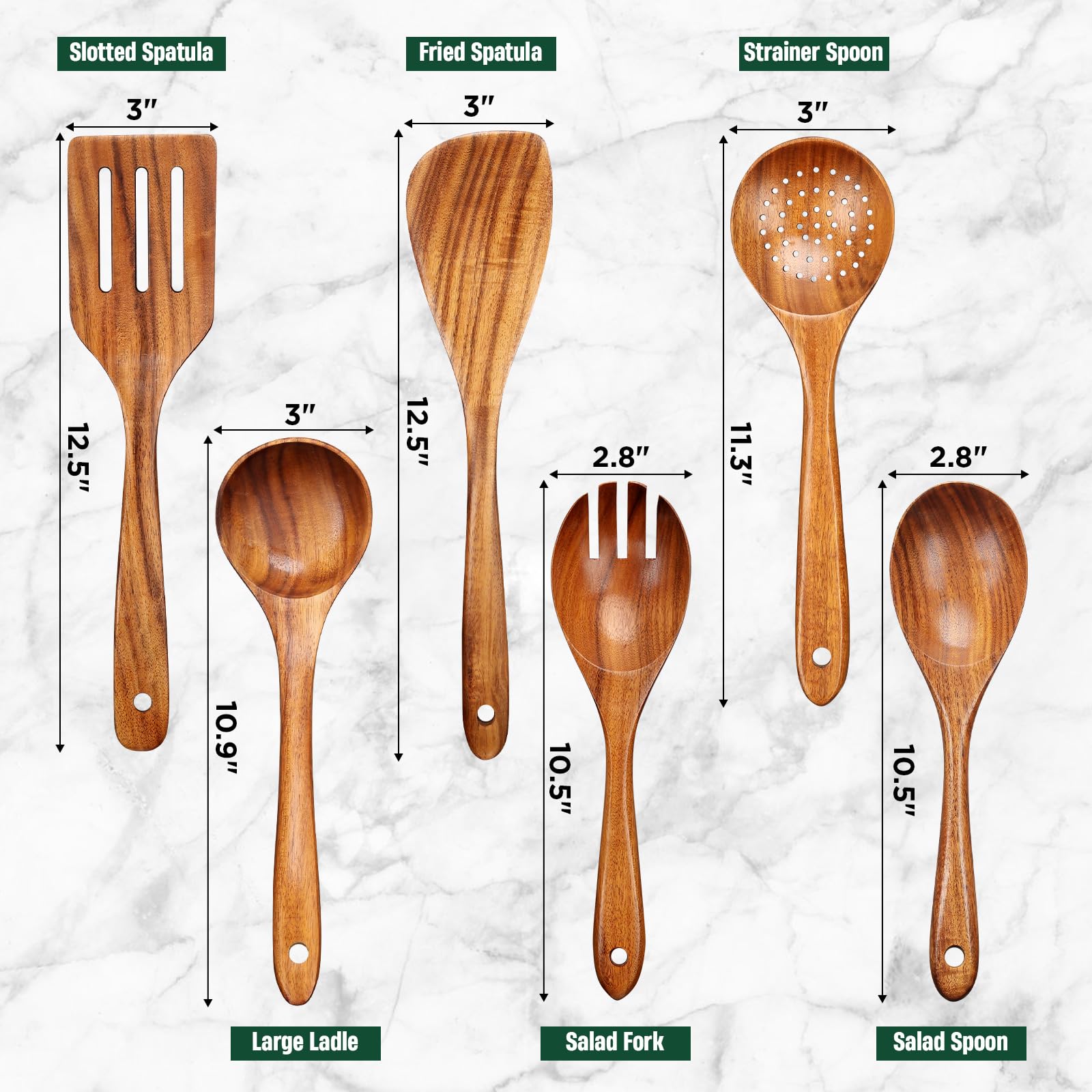 Bkiok Holzlöffel zum Kochen, handgefertigtes Holzutensilien-Set, natürliches Teakholz, Antihaft-Kochlöffel für die Küche (6 Stück)