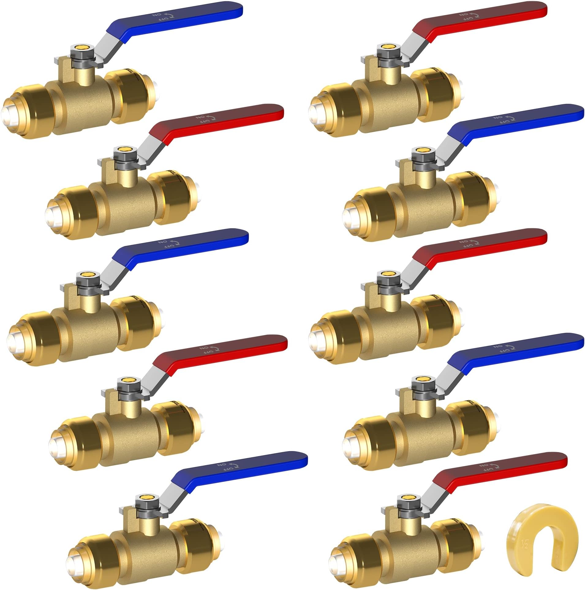 Hourleey 10 Pieces 1/2 Inch Push-Fit Full Port Ball Valve for Hot and Cold Water with Disconnect Clip, Water Stop Shut Off, 5 Piece Each