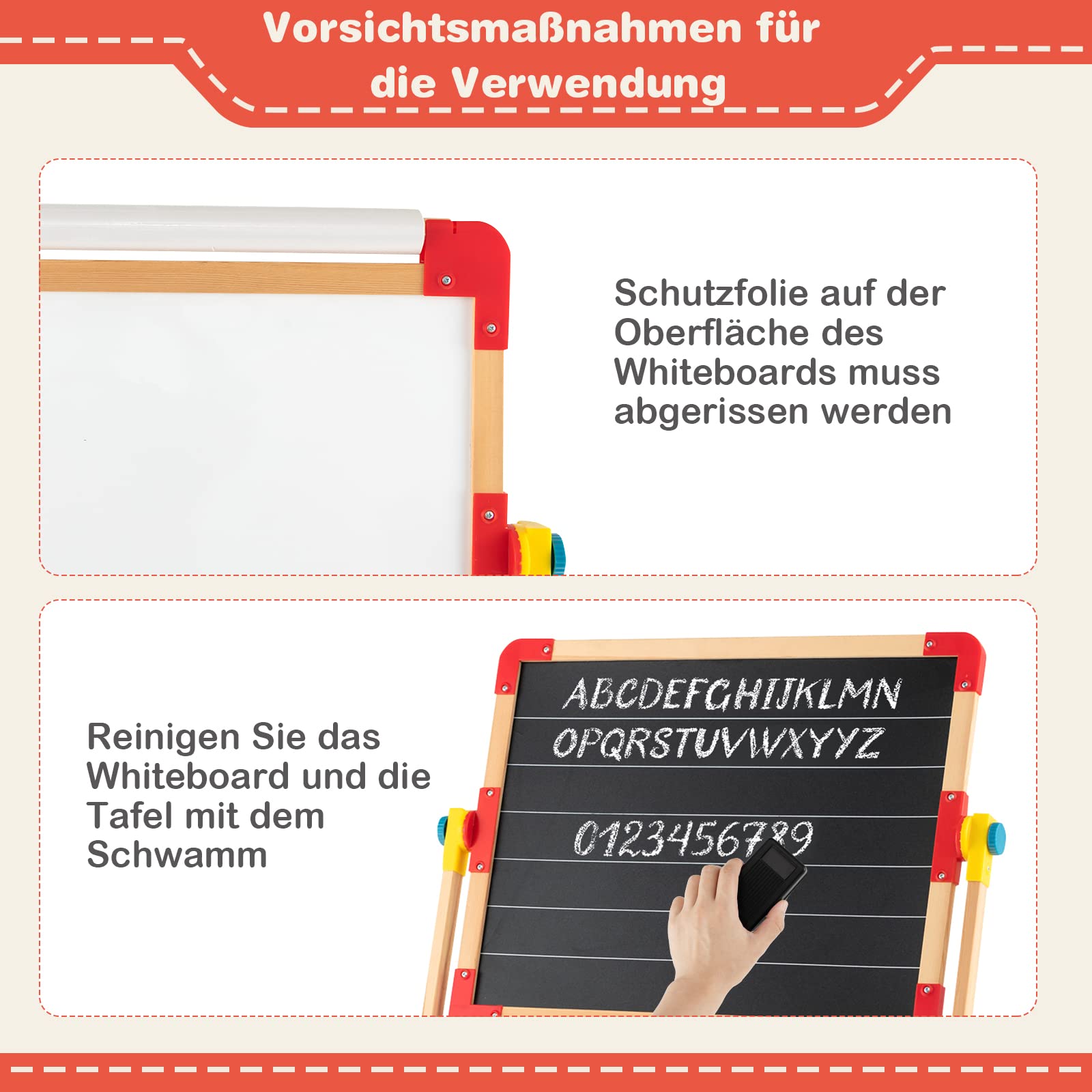 DREAMADE doppelseitige Kinder Staffelei aus Holz, Kinderstaffelei Kindertafel mit Papierrolle Whiteboard und Kreidetafel, inkl. Alphabet Marker Kreide Radiergummi