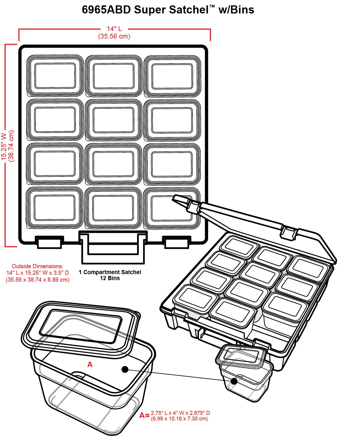 AB Designs 6965ABD Super Satchel with 9 Small Bins Inside, Stackable Home Storage Organization Container, Clear with Sliver Latches and Handle