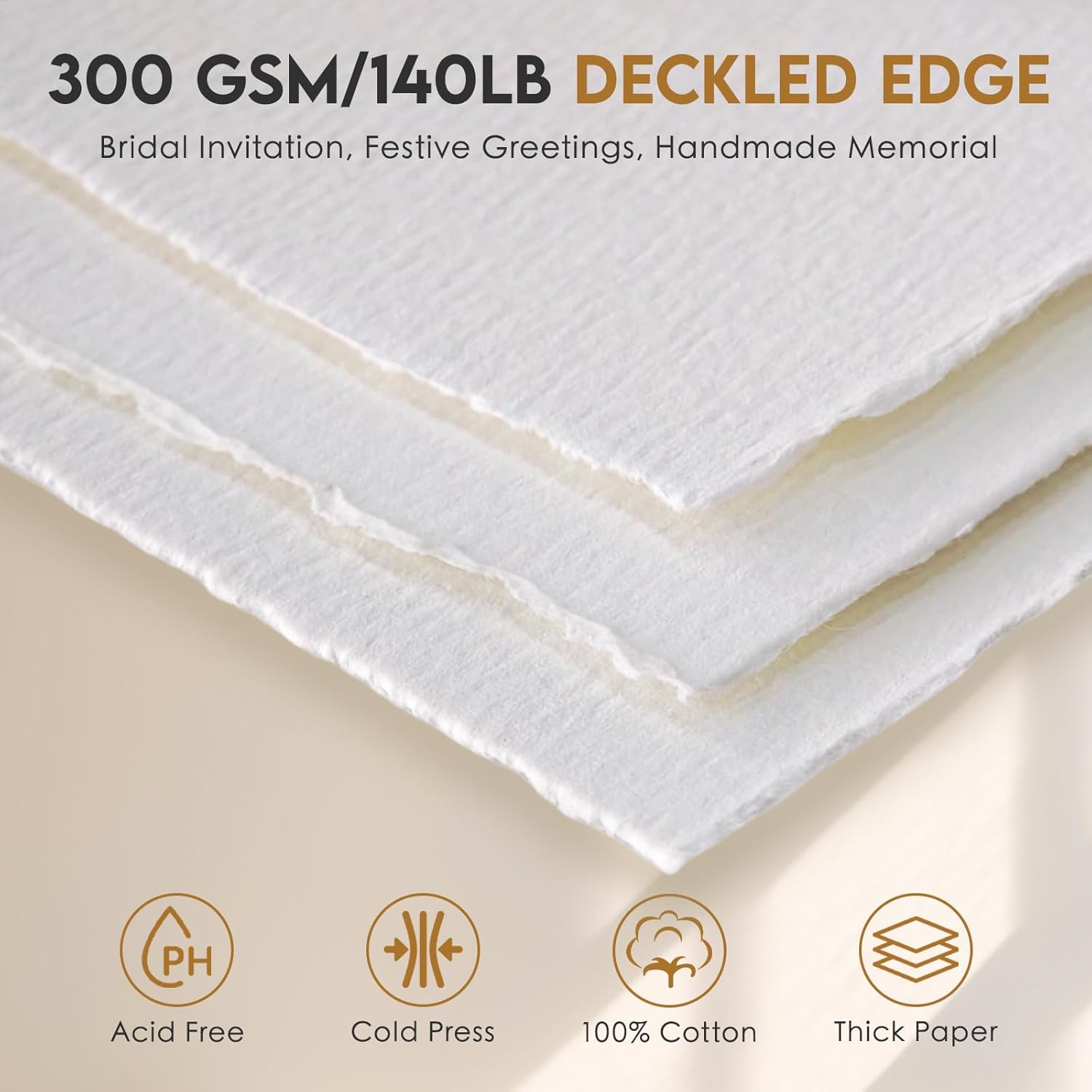 KOVIEDE Handmade Watercolor Paper 5x7 Inch, 140LB/300 GSM 100% Cotton Deckled Edge Paper, 100 Sheets Thick Textured Rough Mixed Media Paper for Postcards Wedding Invitations Arts Gifts