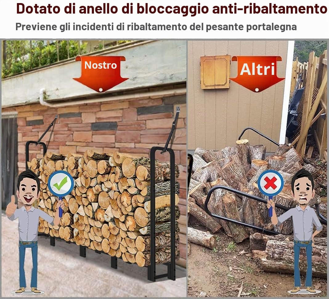 Portalegna da ardere per esterni, 2,4 m, resistente, per camini interni, in metallo e legno, nero opaco