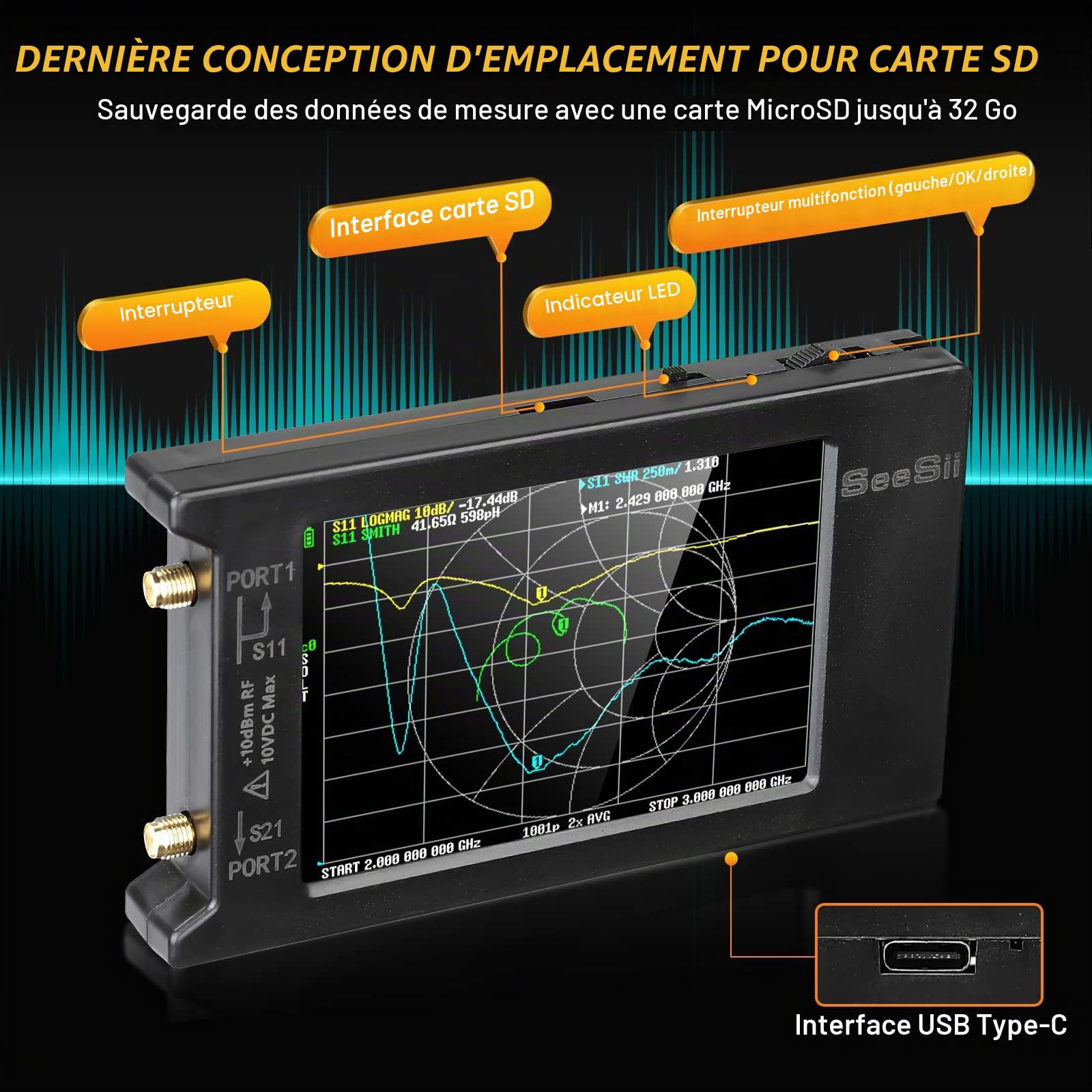 Seesii LiteVNA 4 Pouces Analyseur de Réseau Vectoriel, Analyseur d'Antenne 50kHz-6,3GHz avec Fente MicroSD pour Paramètres de Mesure S HF VHF UHF SWR Phase Delay Smith Chart