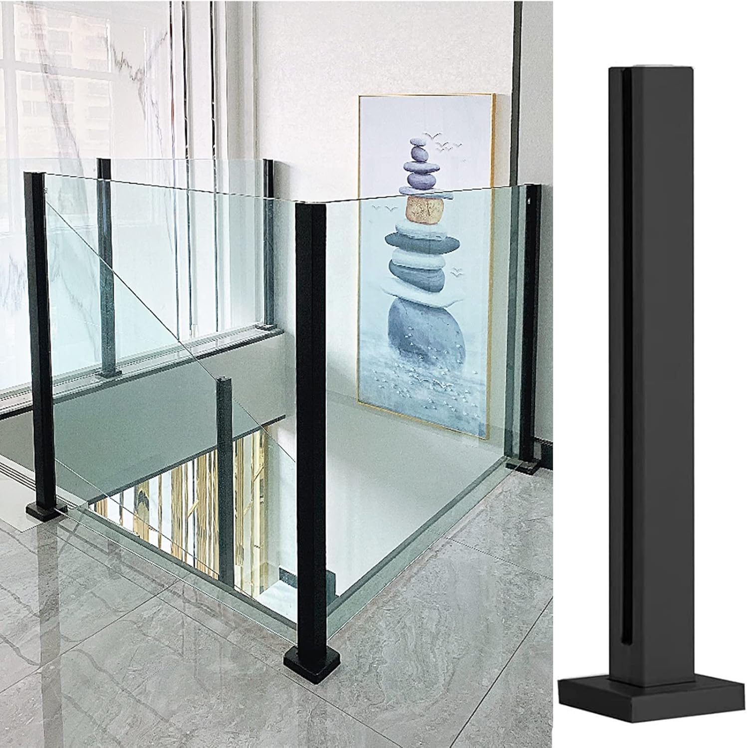 YLLFFLL Black Square Glass Railing Post System, Stainless Steel Glass