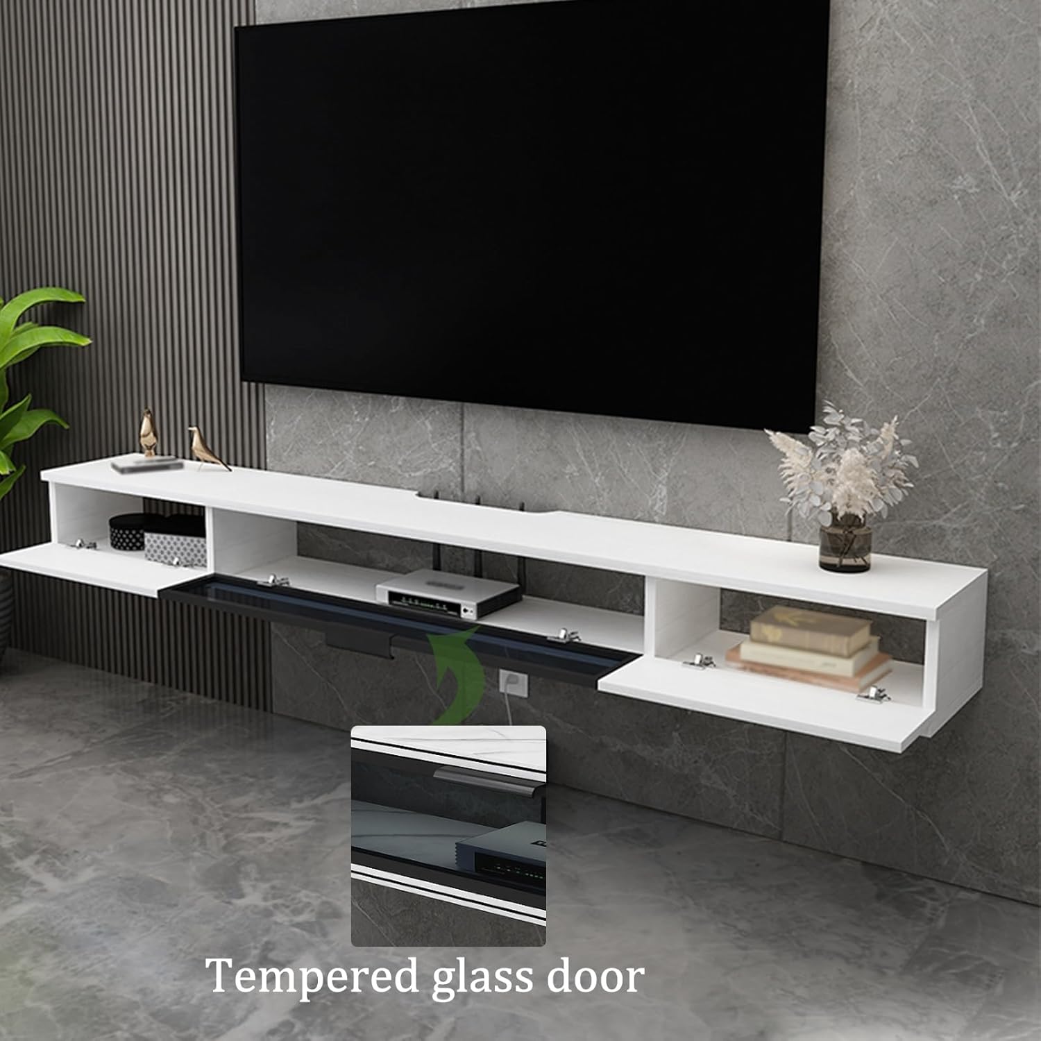 Wall-Mounted Floating TV Stand - White Wood Media Console with Rock Board Pattern, Modern Hanging Cabinet for Living Room & Bedroom, Stylish Floating Entertainment Center (80x