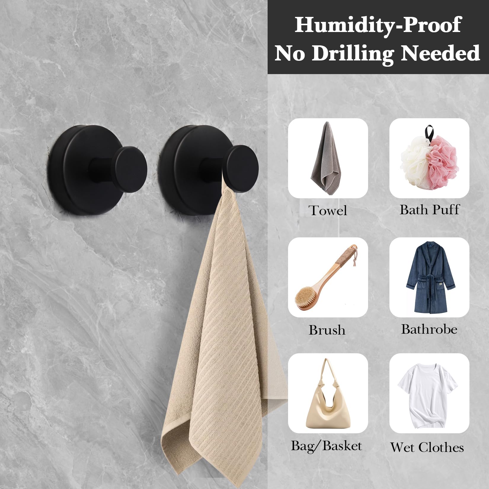 KaloTidy Suction Cup Hooks for Shower, Bathroom, Glass Window, Hanging Loofah, Towels, Coats, Robes, Kitchen and Door Hanger, Heavy-Duty Metal Hooks, Waterproof and Removable,2 Pack (Black)