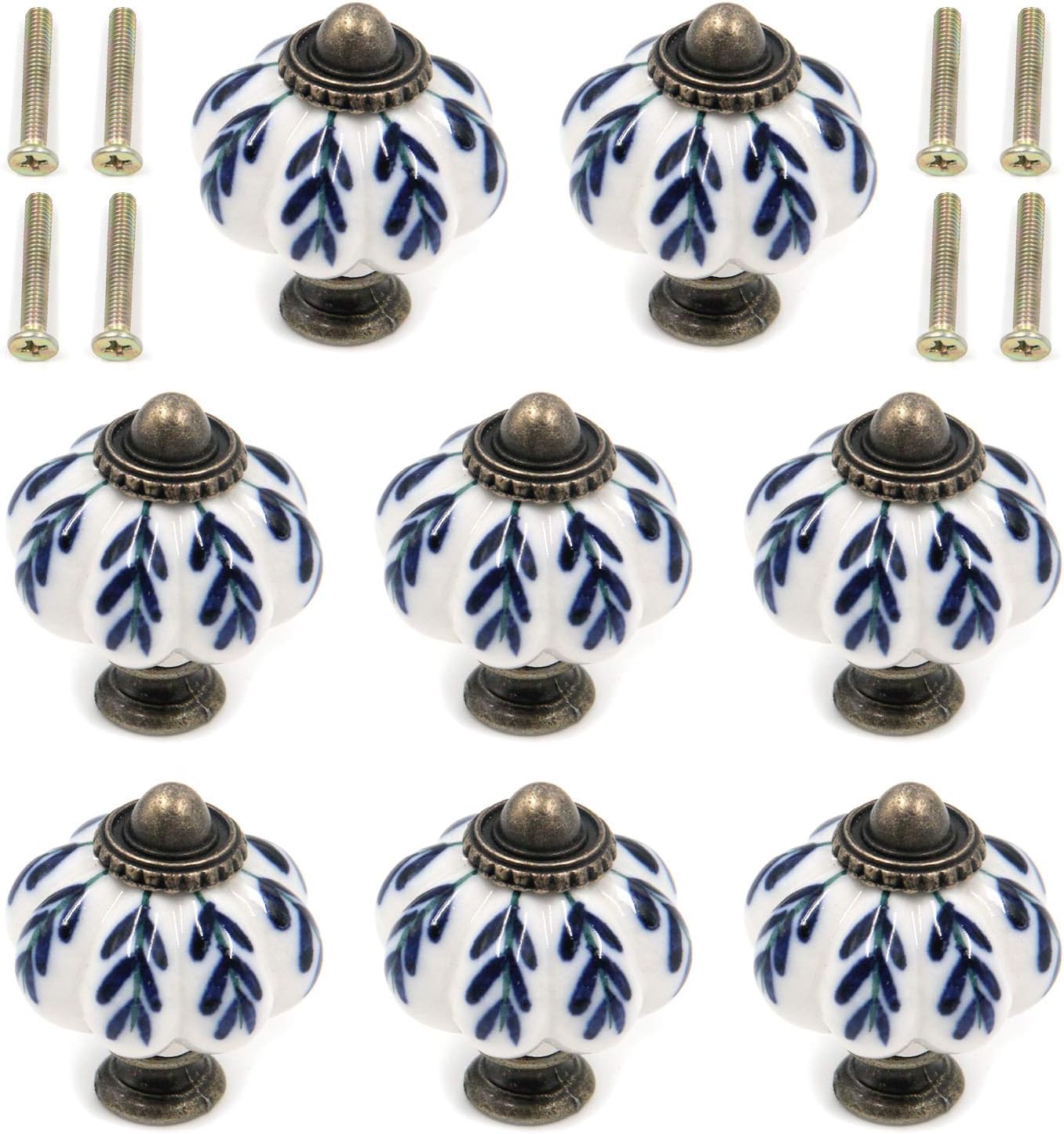Geesatis 10 Pcs Blue Ceramic Drawer Pulls, Pumpkin Shape Cabinet Knobs with Vintage Leaf Pattern, 1.3" Round Kitchen Cabinet Handles for Drawer Dresser Closet, Include Mounting Screws
