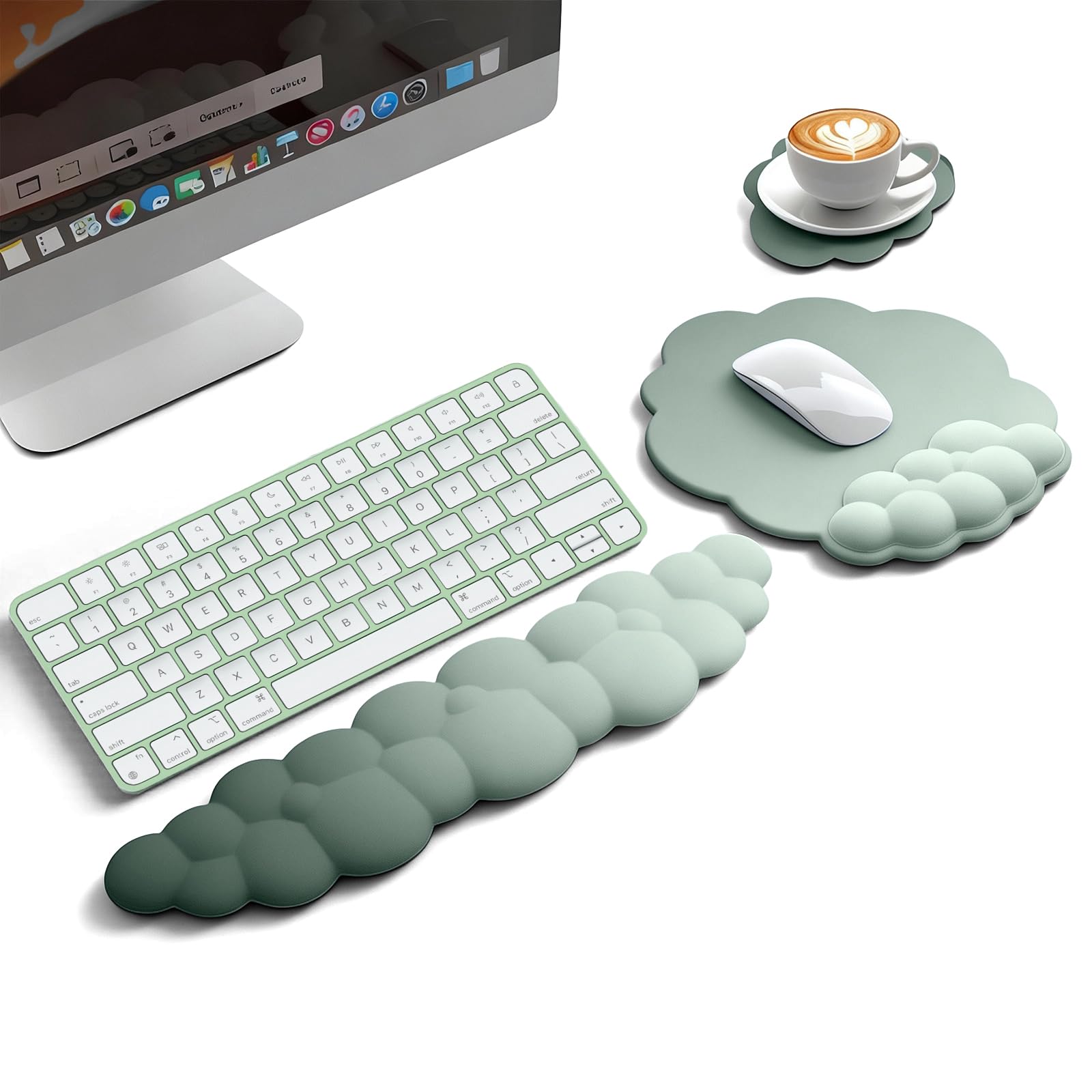Cloud Wrist Rest Set, Keyboard Wrist Pad and Mouse Pad with Coaster, PU Leather & Memory Foam Ergonomic Support for Office Gaming Computer Laptop, Comfort Cushion for Wrist & Palm (Green)