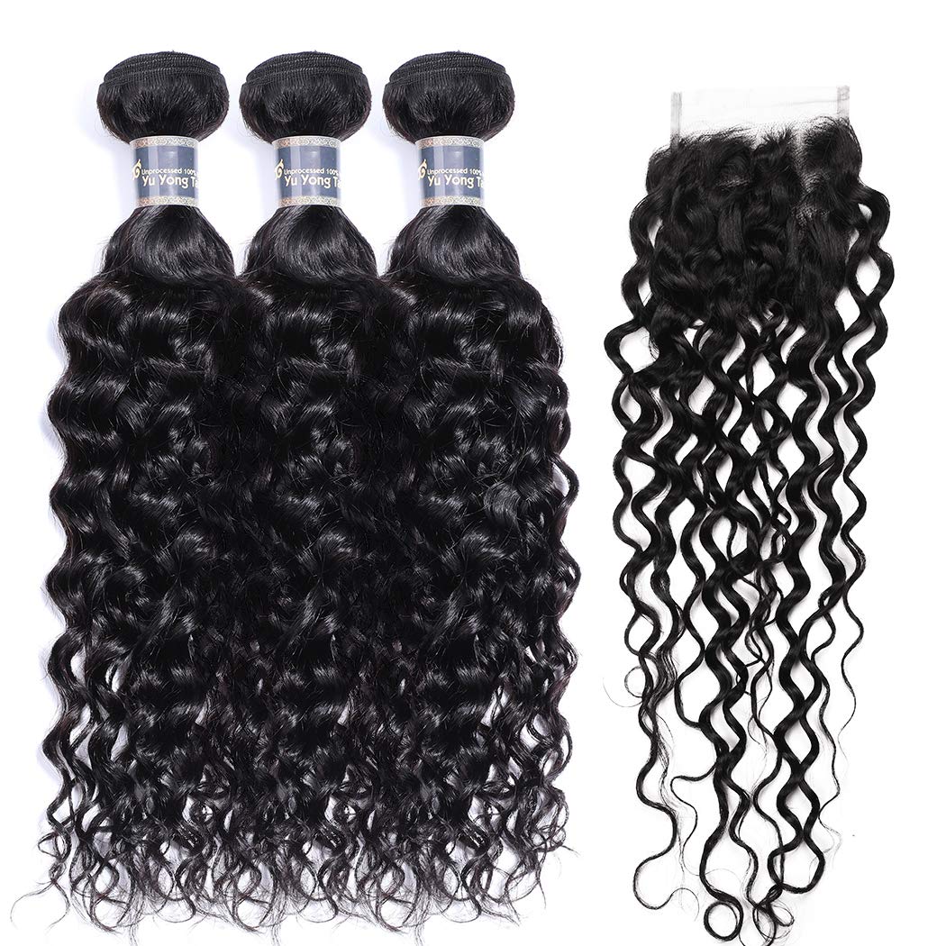 Water Wave Hair Bundles with Closure (10 12 14 +8) Wet and Wavy Brazilian Virgin Human Hair 3 Bundles with 4x4 Lace Closure Free Part Unprocessed 1B Color Ocean Wave Hair Extensions