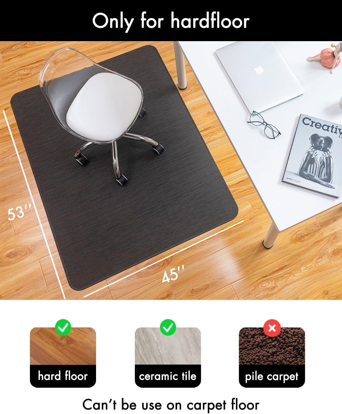 Office Chair Mat for Hardwood Floor Under Desk Computer Rolling Chair Mat for Wood/Tile Floor Non-Slip Heavy Duty Desk Rug PVC Plastic Hard Floor Protector 45x 53 (Espresso)
