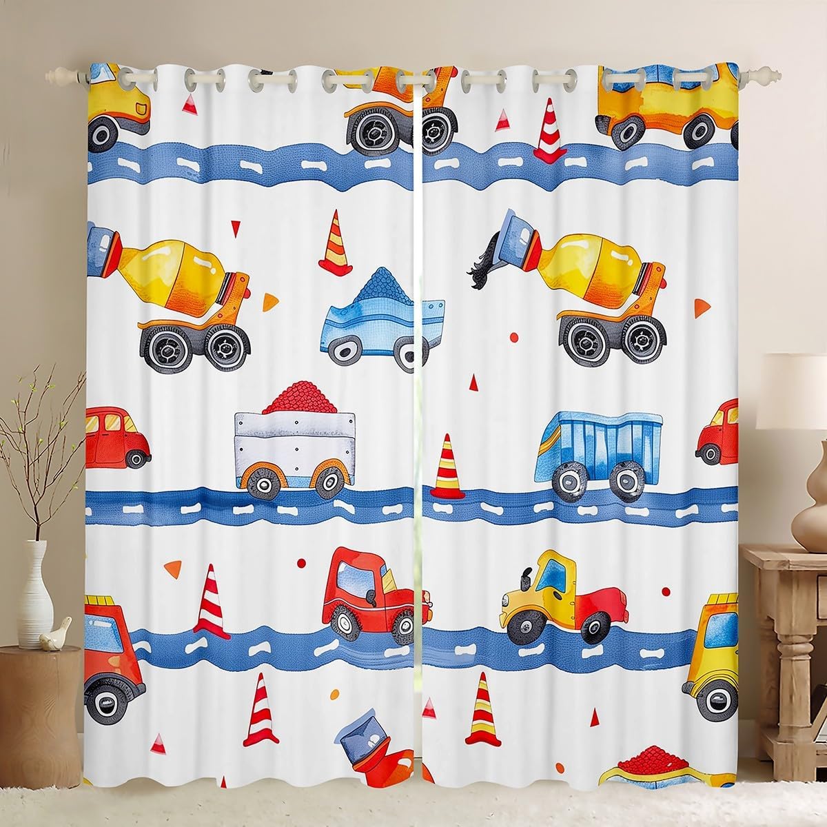 Manfei Construction Window Curtains Excavator Transport Vehicle Window Drapes, Cartoon Cars Window Treatments, Kids Boys Teens Room Decor, Grommet Top 2 Panel Set Bedroom Curtains, 38Wx45L inch