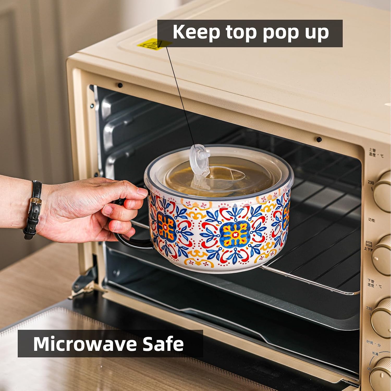 Jumbo Ceramic Soup Bowl with Lid, Microwave Safe - Pattern C