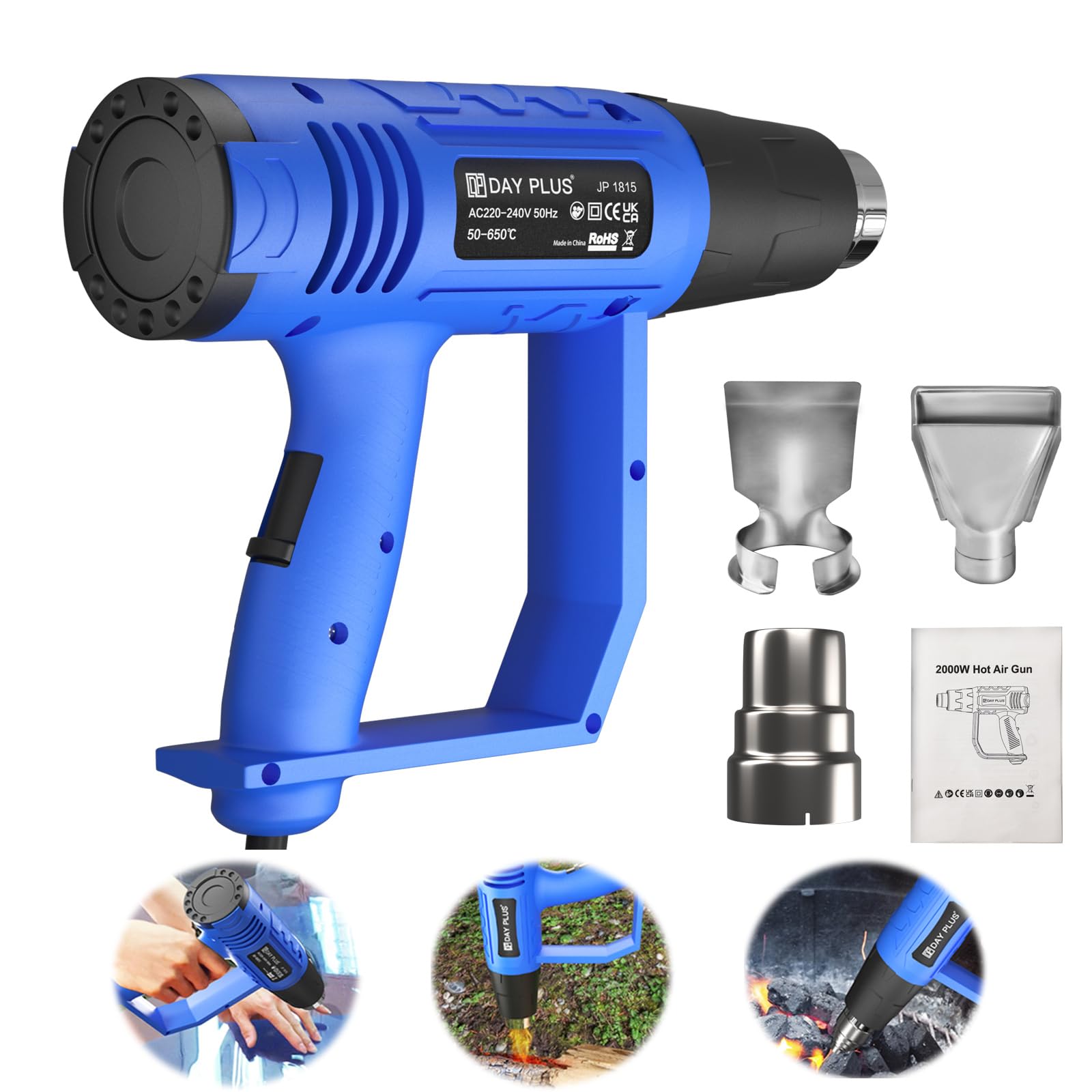 Electric Heat Gun | 2000W Hot Air Gun with Dual Temperature Settings 300℃ & 600℃ | Overload Protection & 1.5s Fast Heating | for Paint Stripping, Vinyl Application, Crafts, Resin | Includes 3 Nozzles