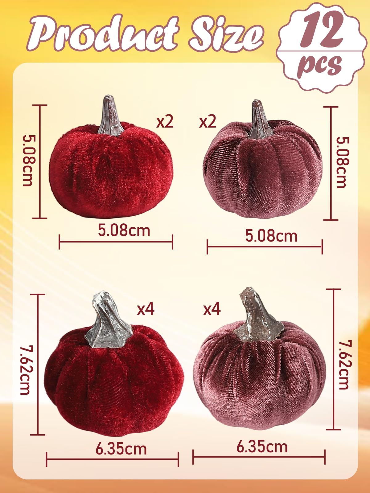 Lot de 12 citrouilles artificielles en velours - 2 tailles - Pour Halloween, automne, festival, décoration de table (bordeaux/violet)